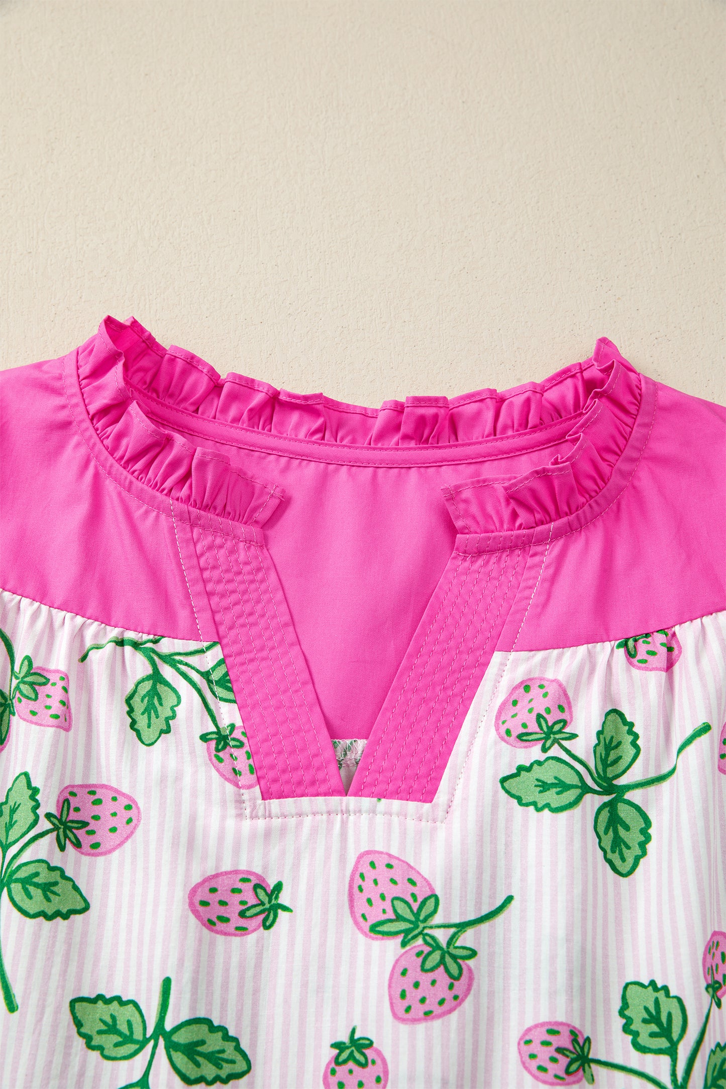Pink Striped Strawberry Printed Color Block Patchwork V Neck Flutter Sleeve Blouse-Tops/Blouses & Shirts-[Adult]-[Female]-2022 Online Blue Zone Planet
