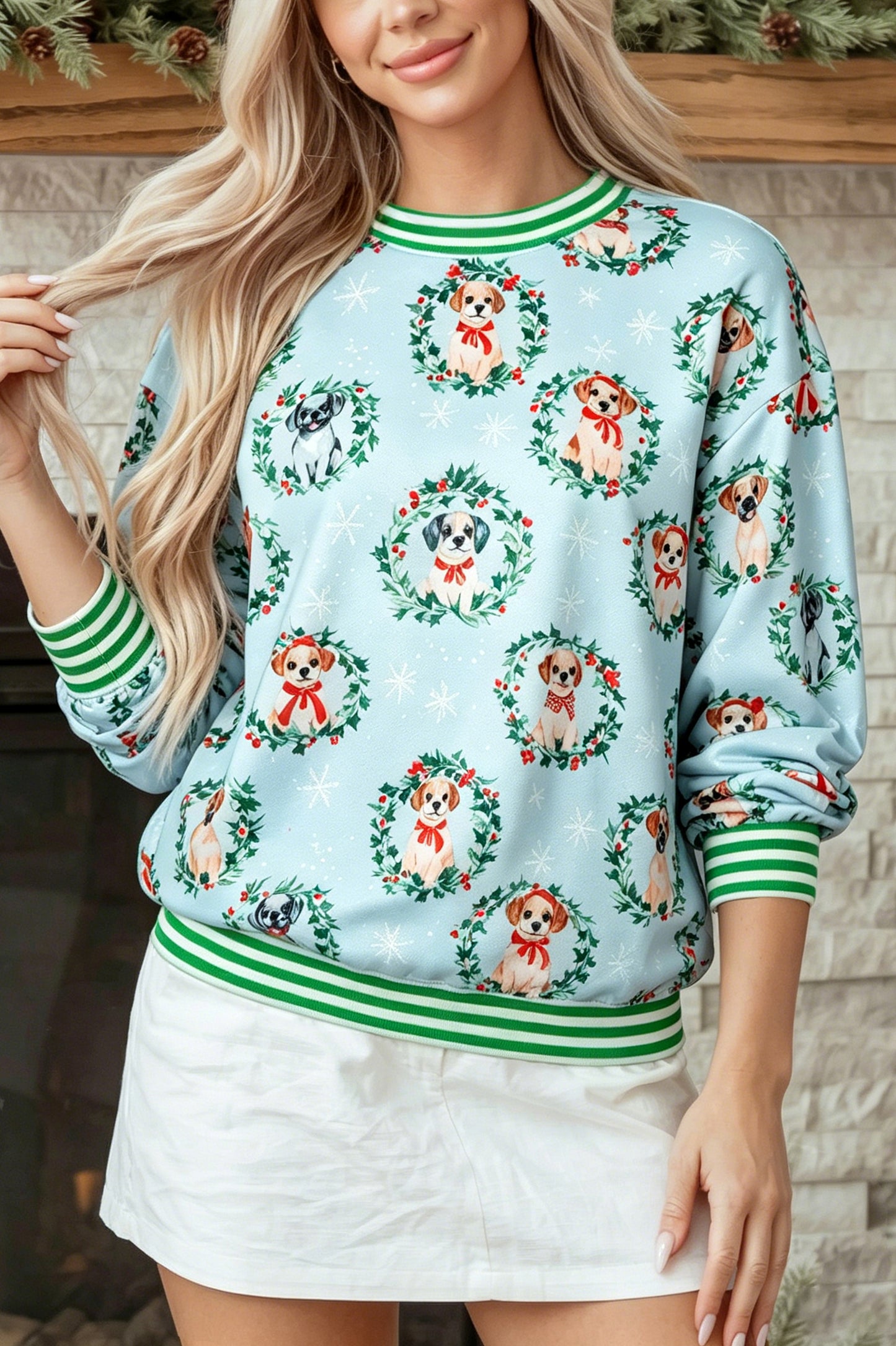 Sky Blue Abstract Dog Print Ribbed Cuff Round Neck Long Sleeve Sweatshirt-Tops/Sweatshirts & Hoodies-[Adult]-[Female]-2022 Online Blue Zone Planet