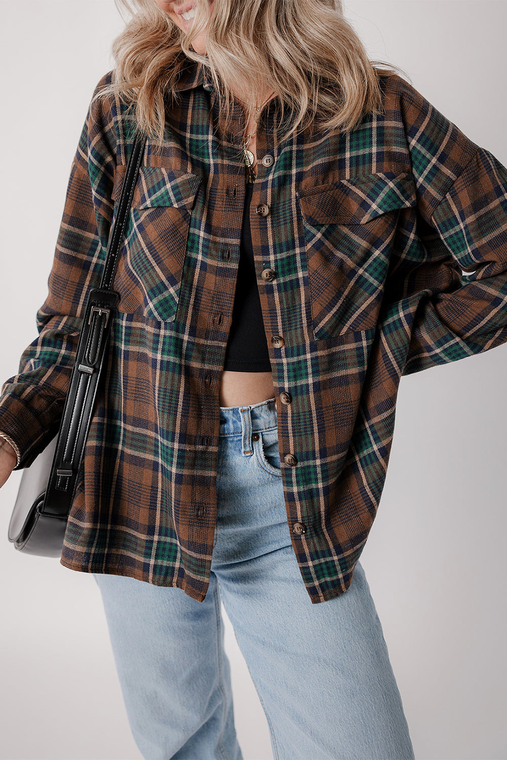 Brown Plaid Print Chest Pockets Buttoned Shirt Jacket-Outerwear/Plaid Shackets-[Adult]-[Female]-2022 Online Blue Zone Planet