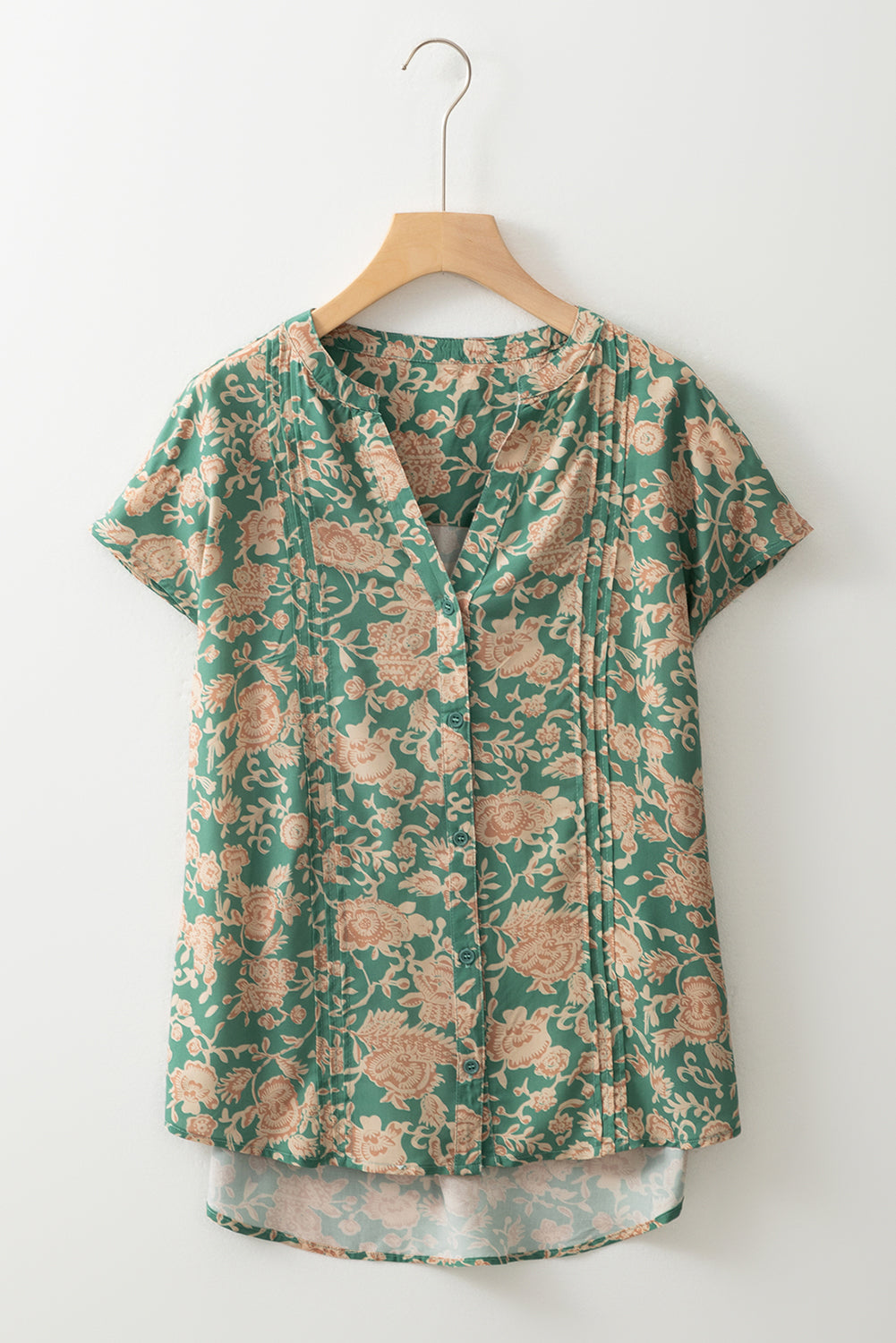 Green Floral Print Pleated Buttoned V Neck Short Sleeve Blouse-Tops/Blouses & Shirts-[Adult]-[Female]-2022 Online Blue Zone Planet