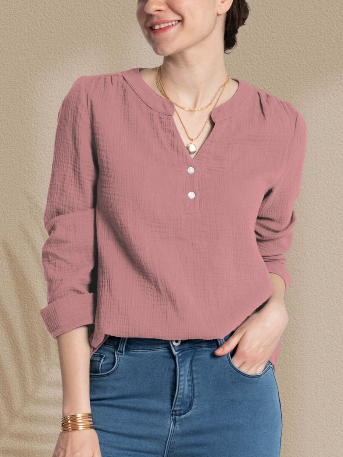 FAM-FAM Textured Notched Long Sleeve Blouse-TOPS / DRESSES-[Adult]-[Female]-Dusty Pink-S-2022 Online Blue Zone Planet