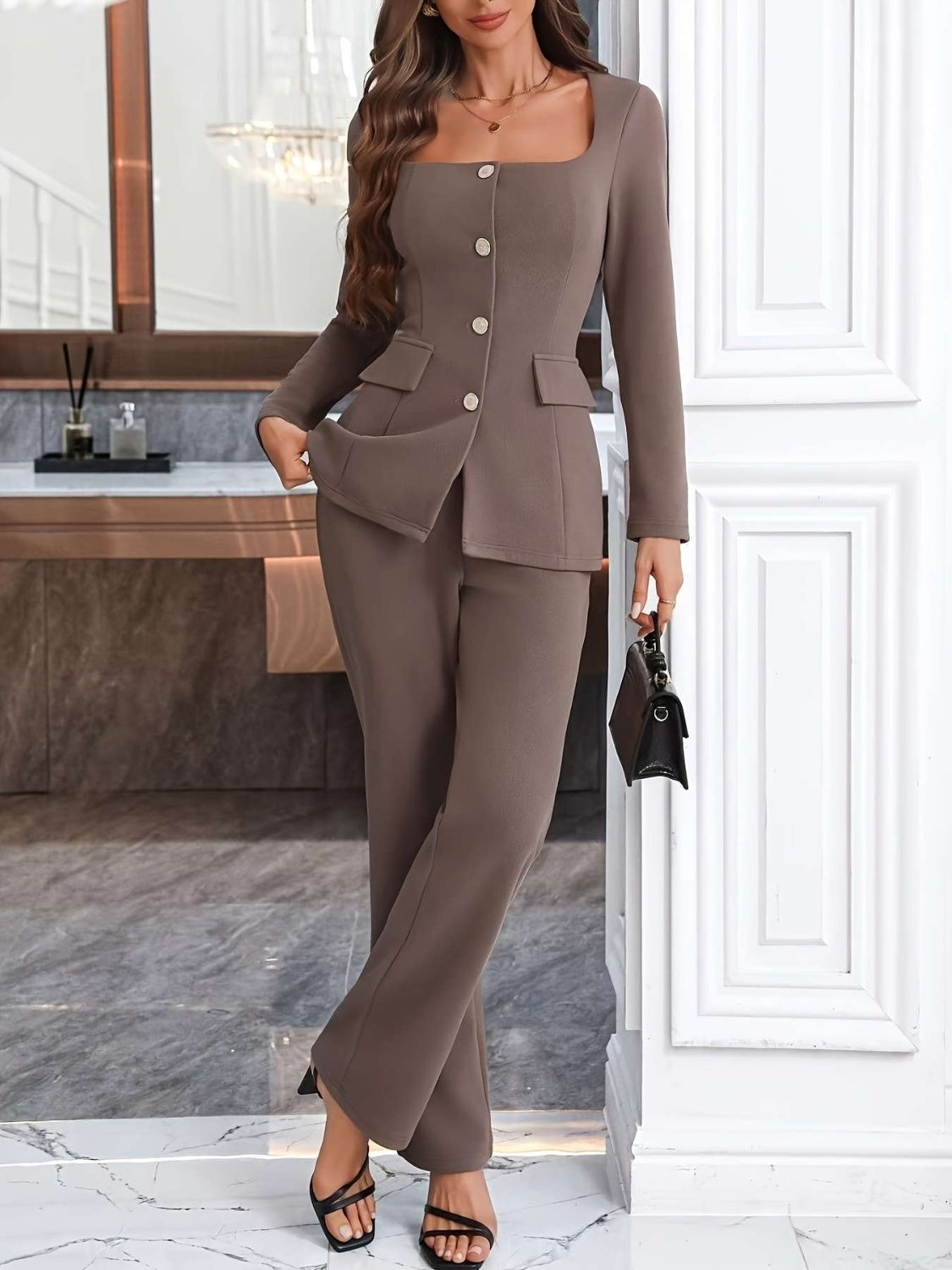 Blue Zone Planet | Square Neck Button Up Blazer and Pants Set-TOPS / DRESSES-[Adult]-[Female]-Taupe-S-2022 Online Blue Zone Planet