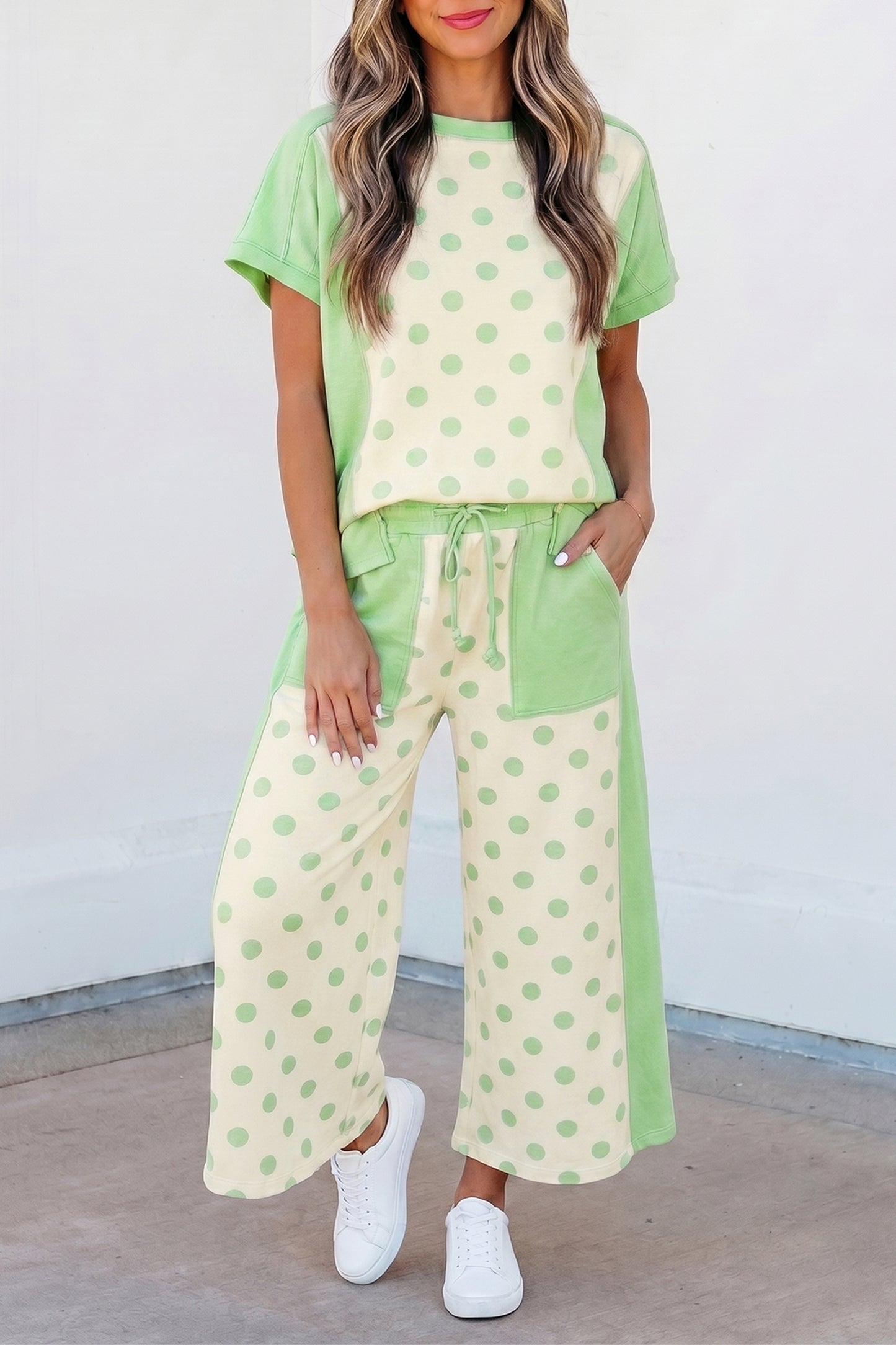 Pink Color Block Patchwork Polka Dot Wide Leg Pant Set-Two Piece Sets/Pant Sets-[Adult]-[Female]-Green-S-2022 Online Blue Zone Planet
