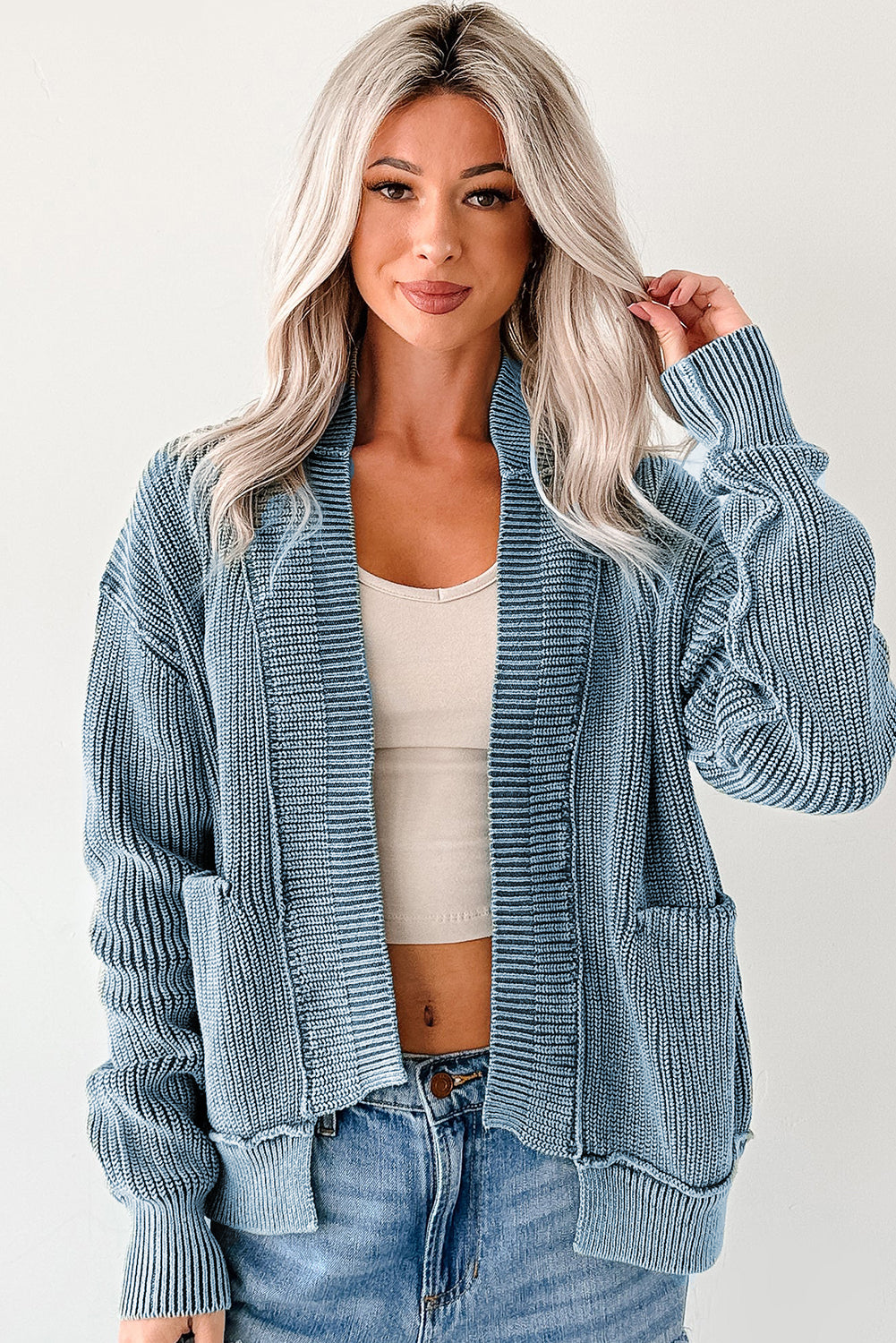 Chestnut Mineral Wash Exposed Seam Patchwork Knit Open Sweater Cardigan-TOPS / DRESSES-[Adult]-[Female]-2022 Online Blue Zone Planet