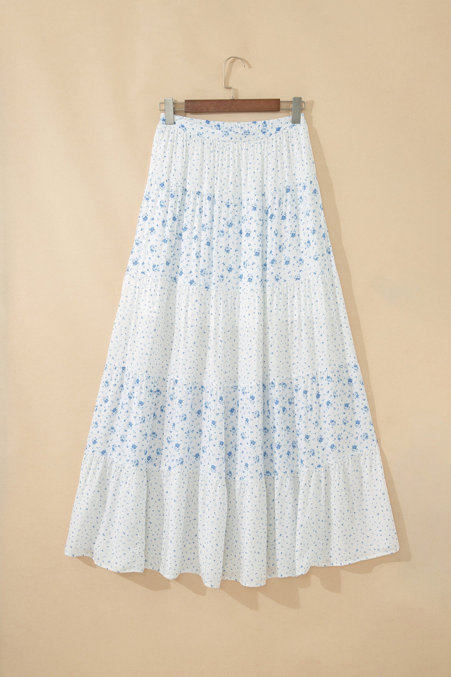 Sky Blue High Waist Tiny Floral Print Boho Maxi Skirt-Bottoms/Skirts & Petticoat-[Adult]-[Female]-2022 Online Blue Zone Planet