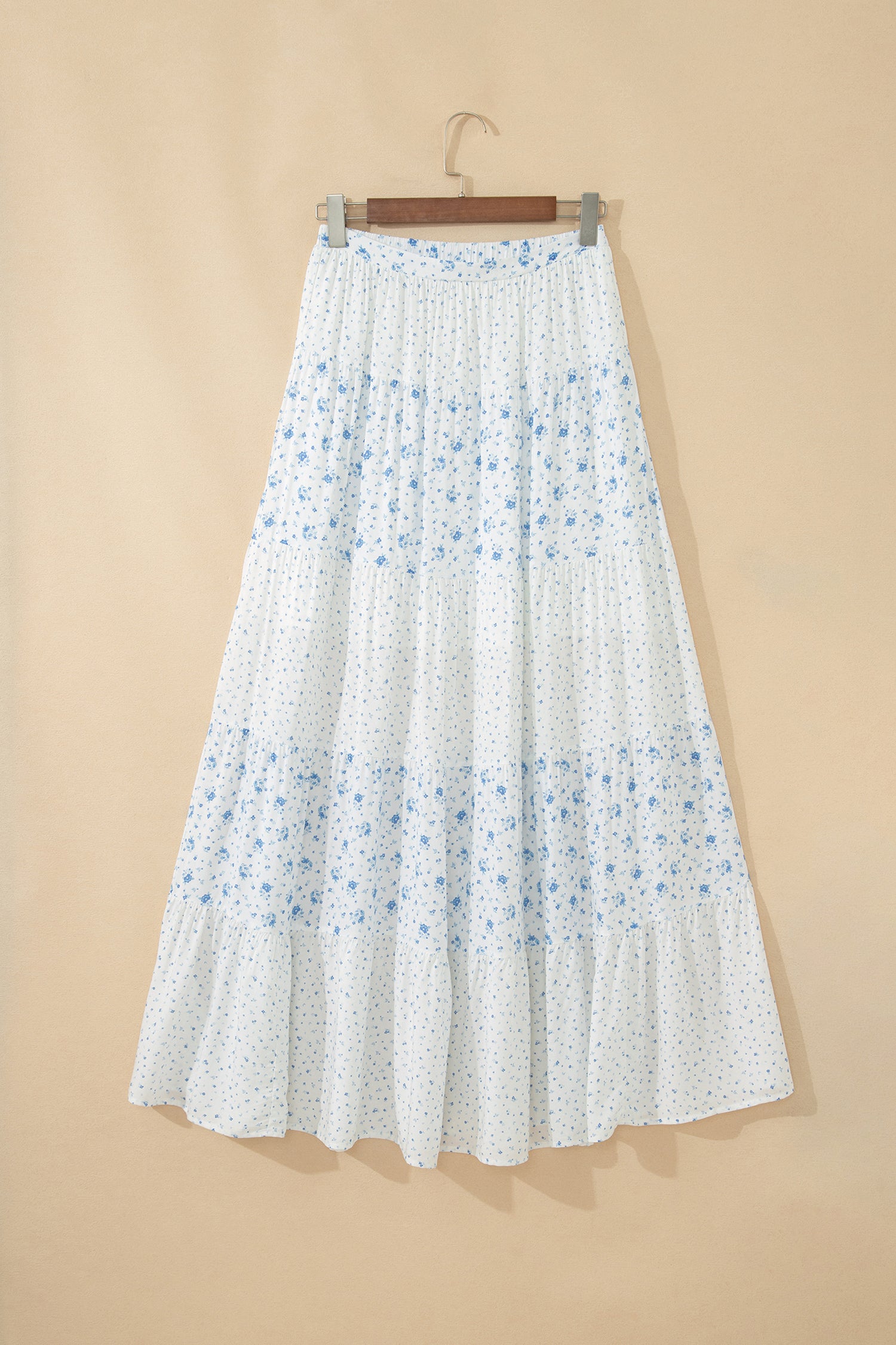 Sky Blue High Waist Tiny Floral Print Boho Maxi Skirt-Bottoms/Skirts & Petticoat-[Adult]-[Female]-2022 Online Blue Zone Planet