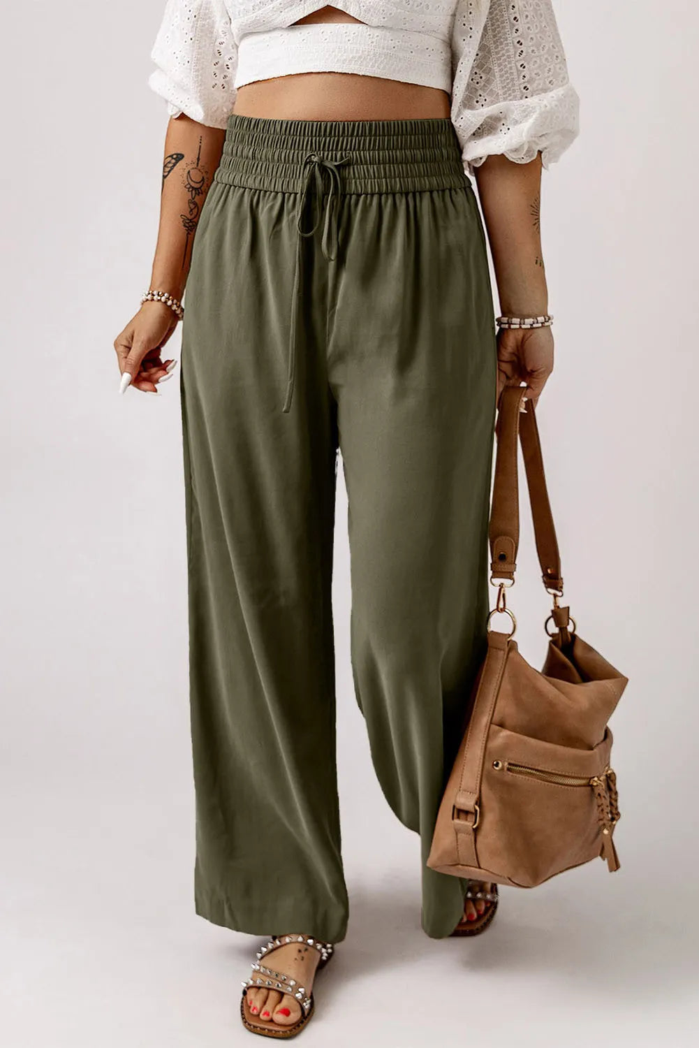 Blue Zone Planet | Smocked High Waist Wide Leg Pants-BOTTOMS SIZES SMALL MEDIUM LARGE-[Adult]-[Female]-Army Green-S-2022 Online Blue Zone Planet