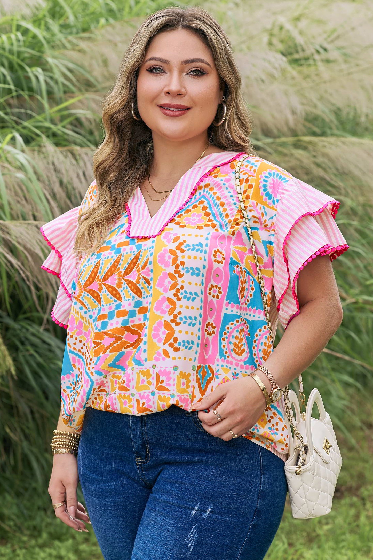 Rose Plus Size Geometric Print Contrast Trim Striped V Neck Blouse-Plus Size/Plus Size Tops/Plus Size Blouses & Shirts-[Adult]-[Female]-2022 Online Blue Zone Planet