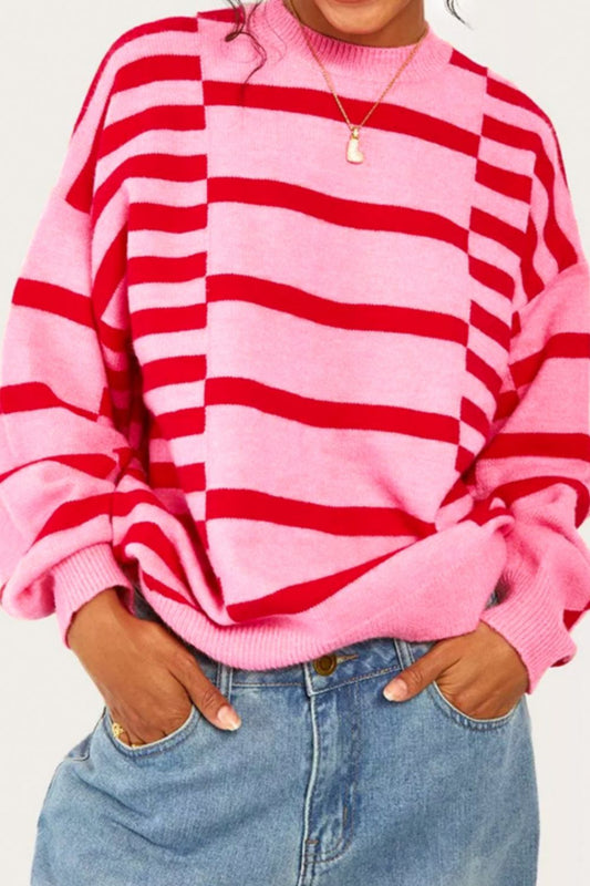 Blue Zone Planet | Striped Round Neck Dropped Shoulder Sweater-TOPS / DRESSES-[Adult]-[Female]-Hot Pink-S-2022 Online Blue Zone Planet