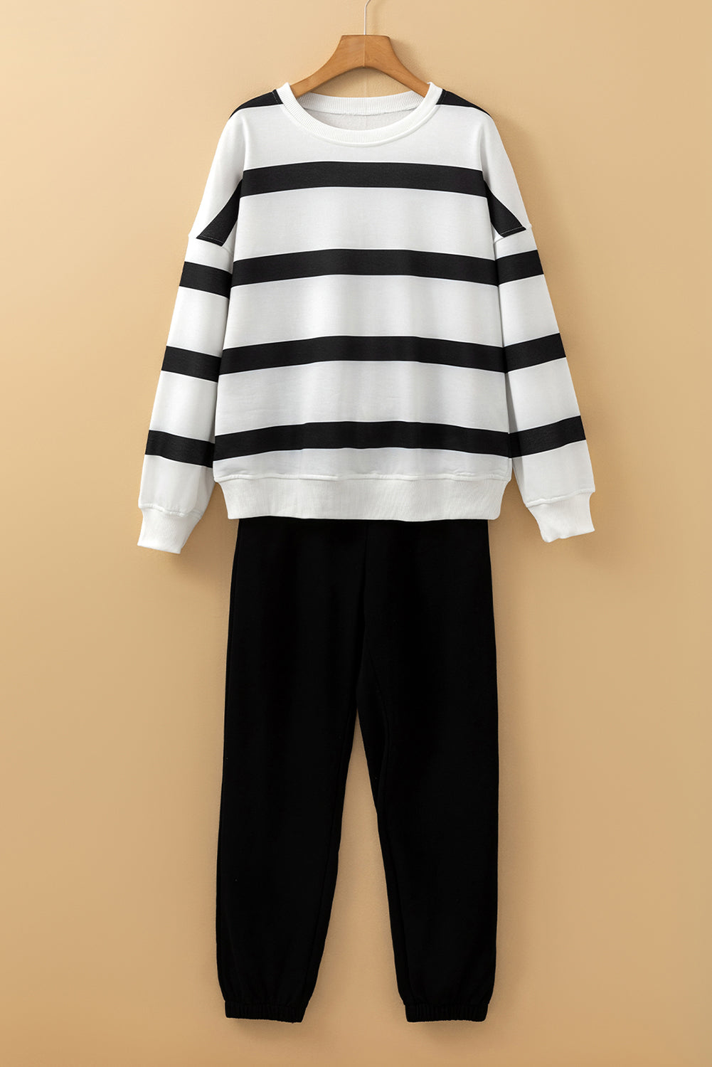 Blue Zone Planet | Brown Stripe Striped Drop Shoulder Pullover And Jogger Pants Set-Two Piece Sets/Pant Sets-[Adult]-[Female]-2022 Online Blue Zone Planet
