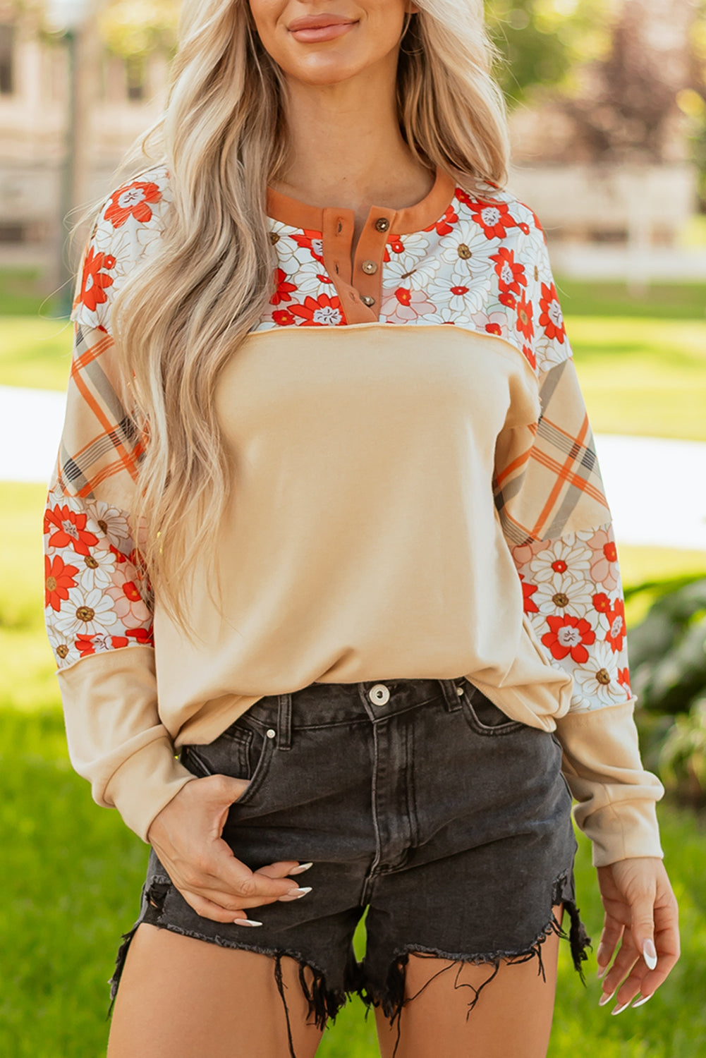 Parchment Floral Plaid Patchwork Casual Top-Tops/Long Sleeve Tops-[Adult]-[Female]-2022 Online Blue Zone Planet