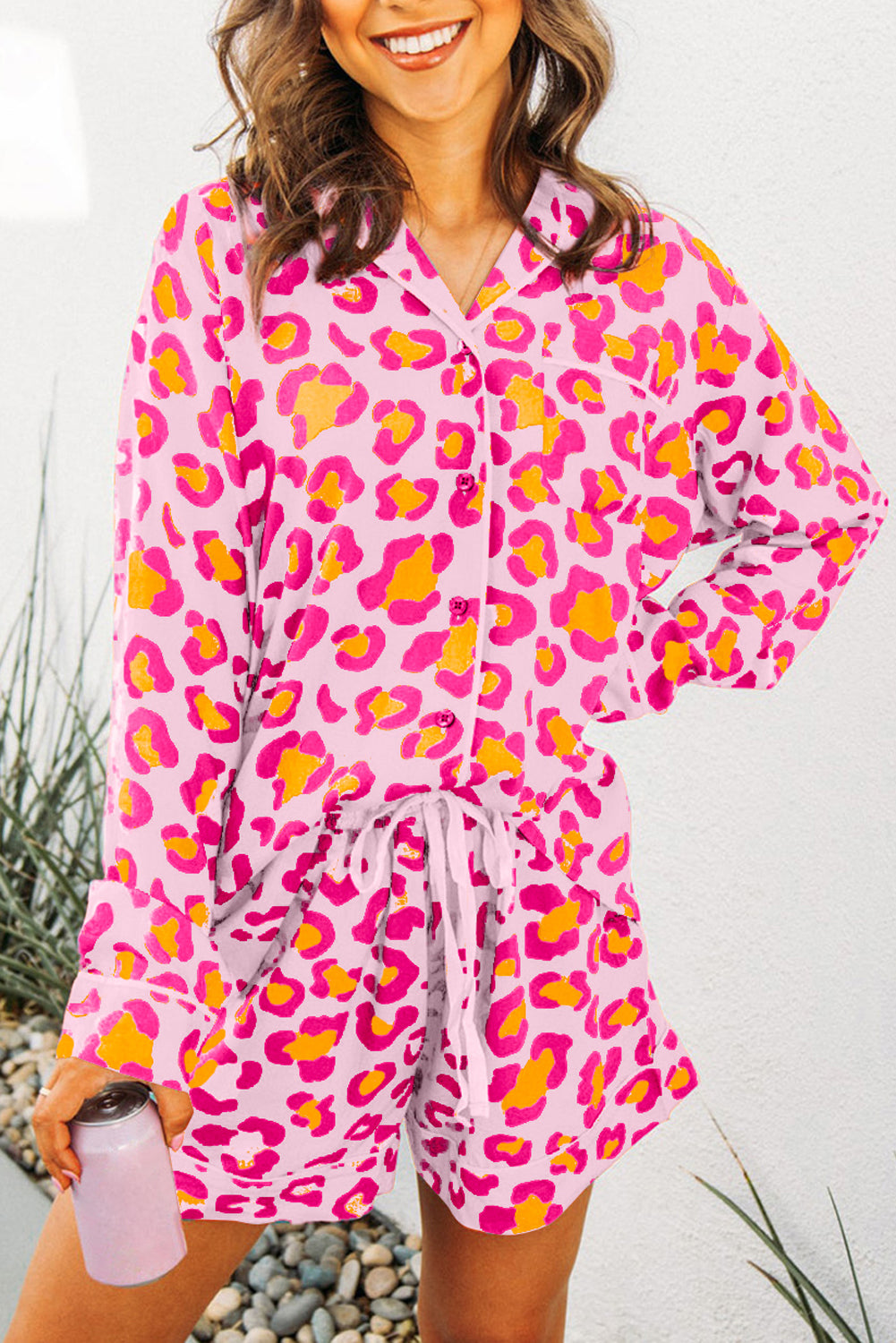 Pink Leopard Print Long Sleeve Shirt and Shorts Pajama Set-20% OFF-[Adult]-[Female]-Pink-L-2022 Online Blue Zone Planet