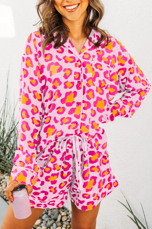 Pink Leopard Print Long Sleeve Shirt and Shorts Pajama Set-20% OFF-[Adult]-[Female]-Pink-L-2022 Online Blue Zone Planet