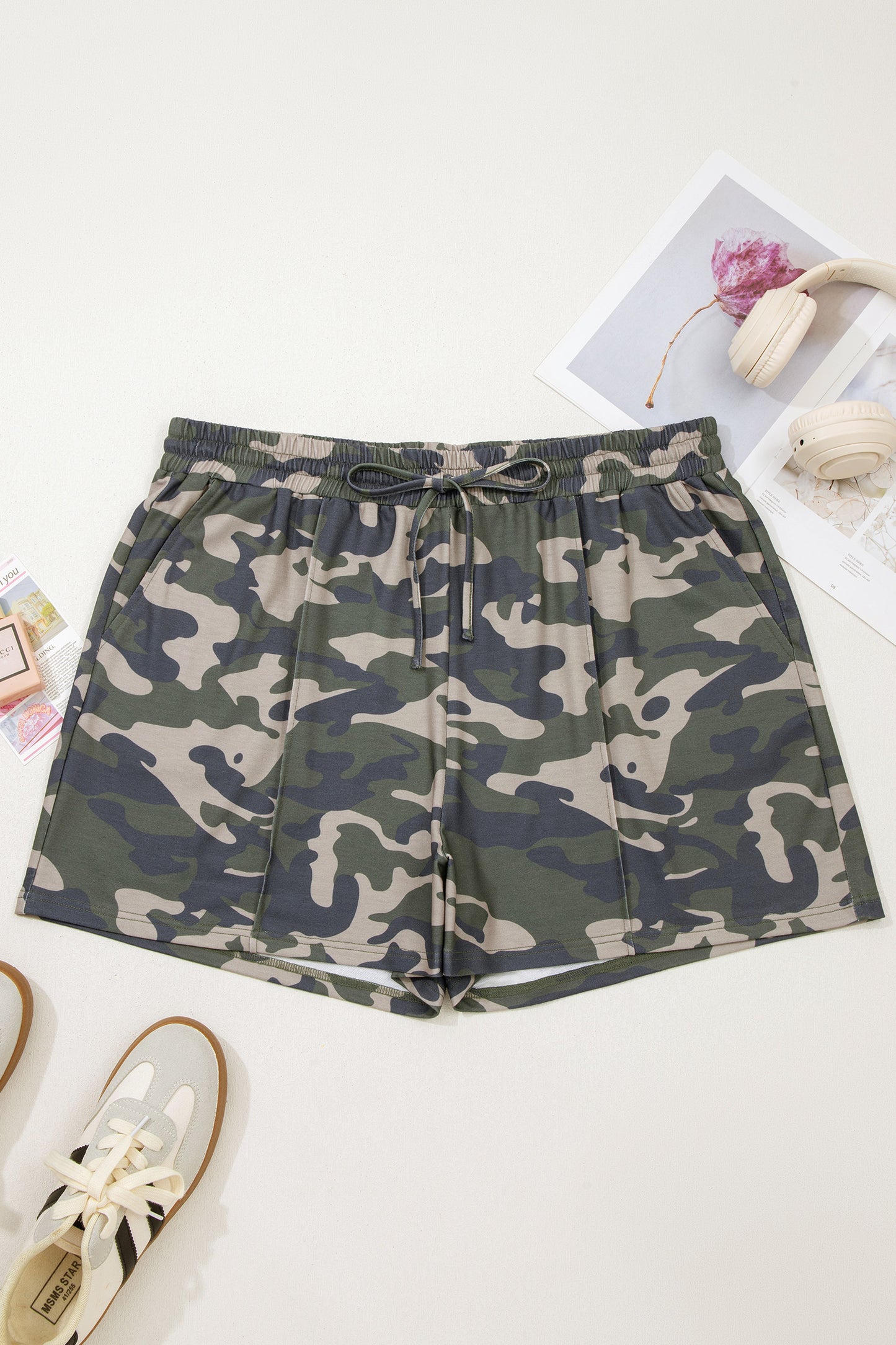Green Tie Elastic Waist Pocketed Plus Size Camo Shorts-Plus Size/Plus Size Bottoms-[Adult]-[Female]-2022 Online Blue Zone Planet