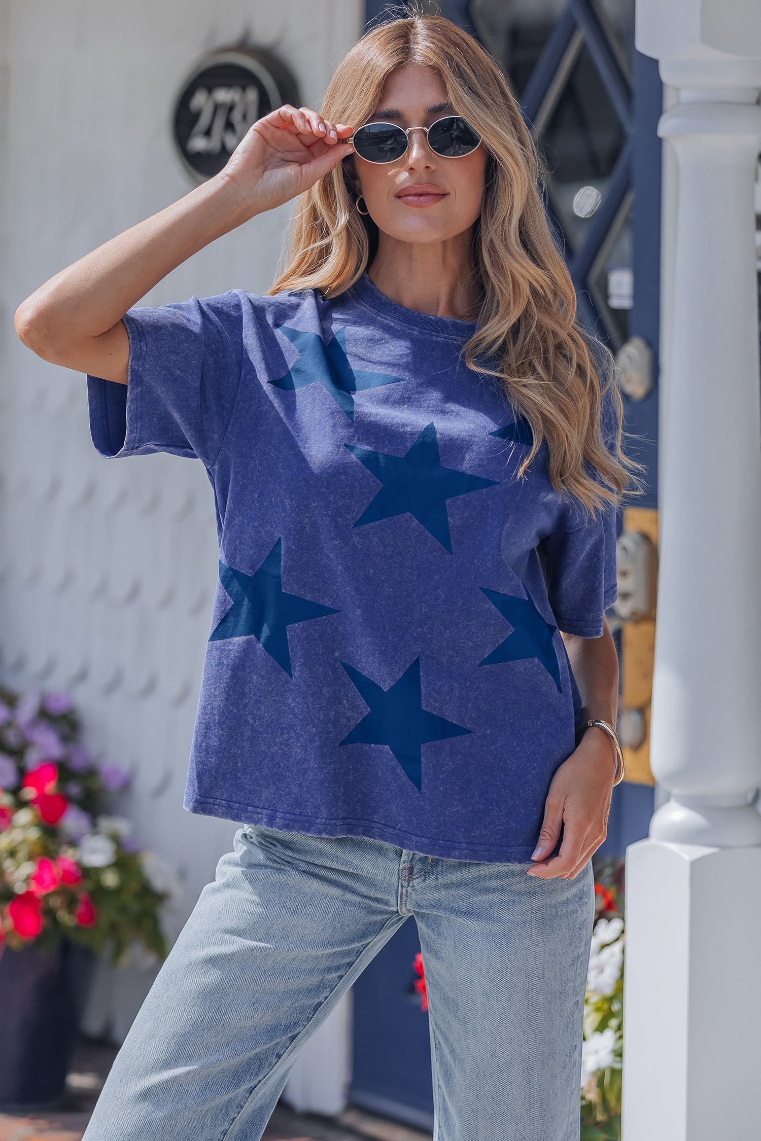 Blue Independence Day Star Printed Mineral Wash T Shirt-Tops/Tops & Tees-[Adult]-[Female]-2022 Online Blue Zone Planet