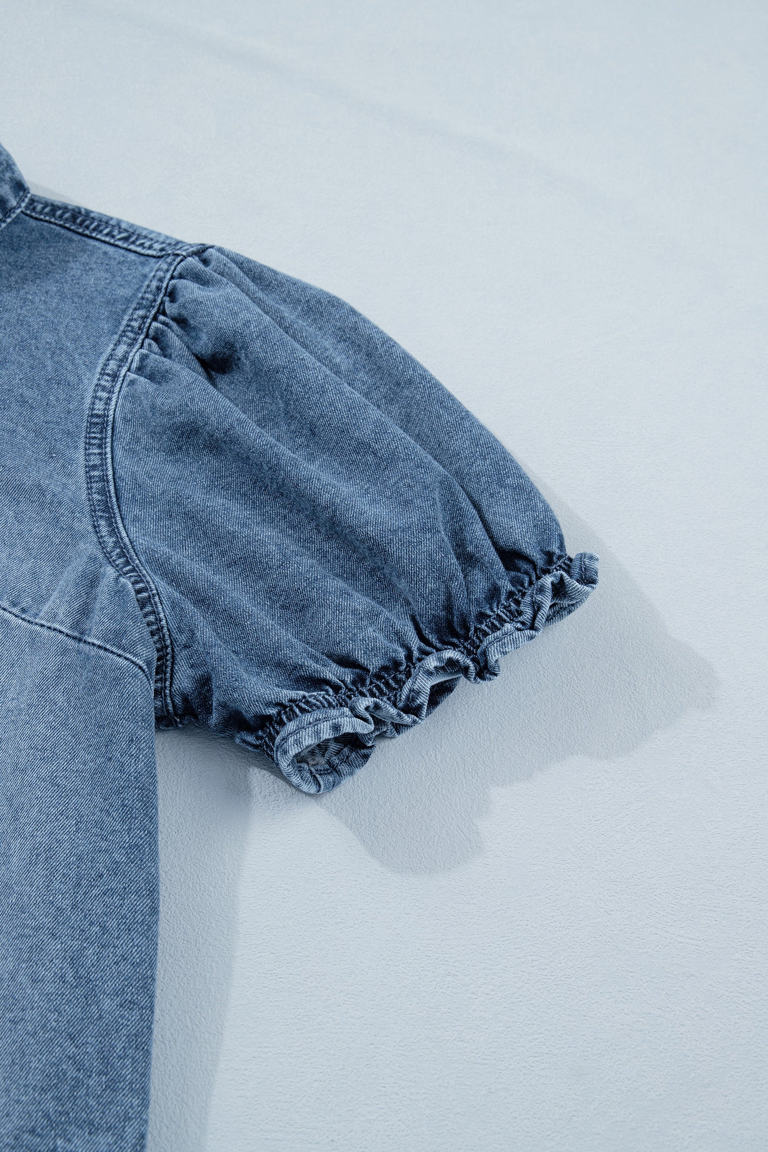 Beau Blue Frilled Short Sleeve Snap Button Denim Shirt-Tops/Blouses & Shirts-[Adult]-[Female]-2022 Online Blue Zone Planet