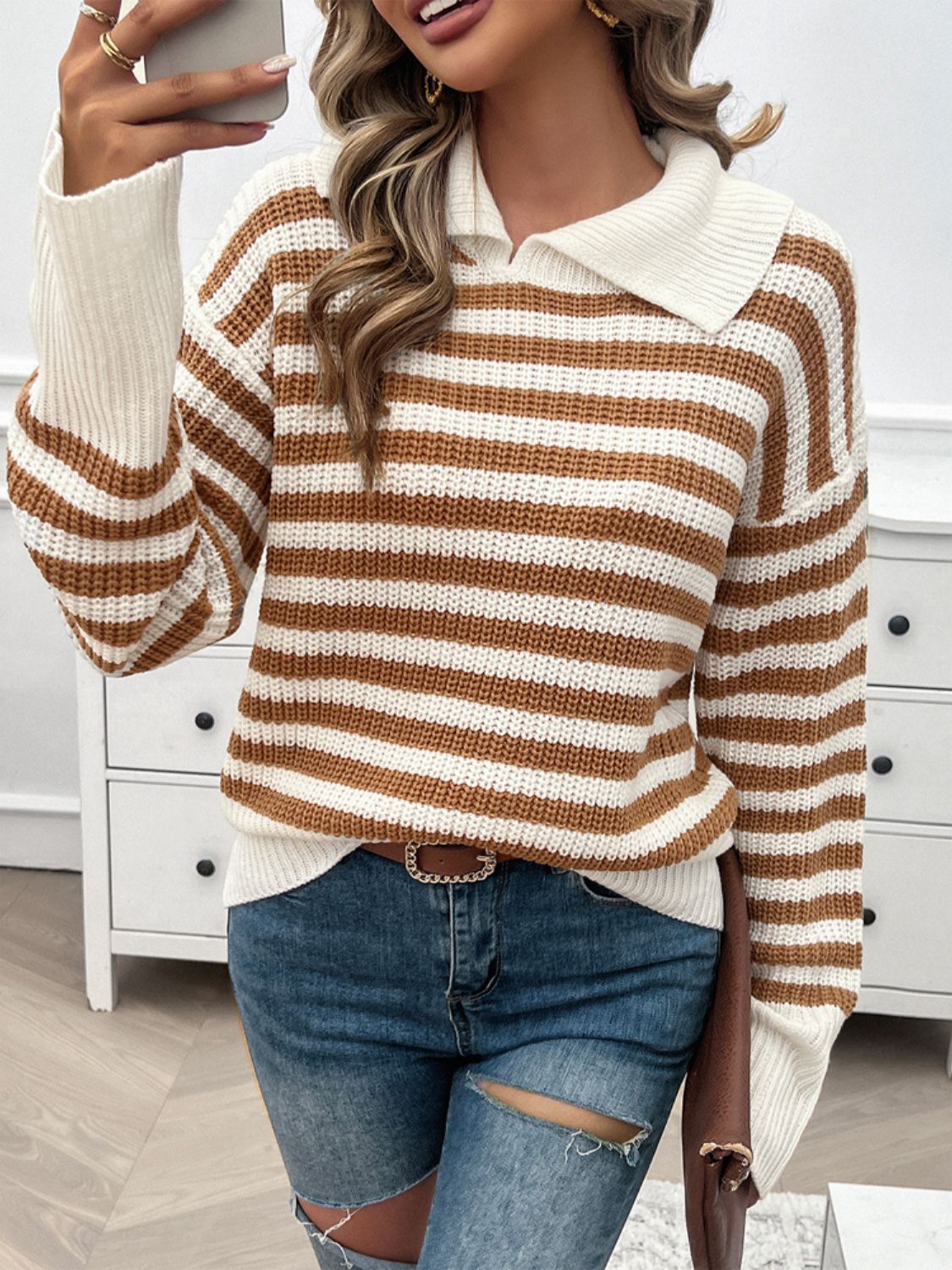 Striped Collared Neck Long Sleeve Sweater-TOPS / DRESSES-[Adult]-[Female]-2022 Online Blue Zone Planet