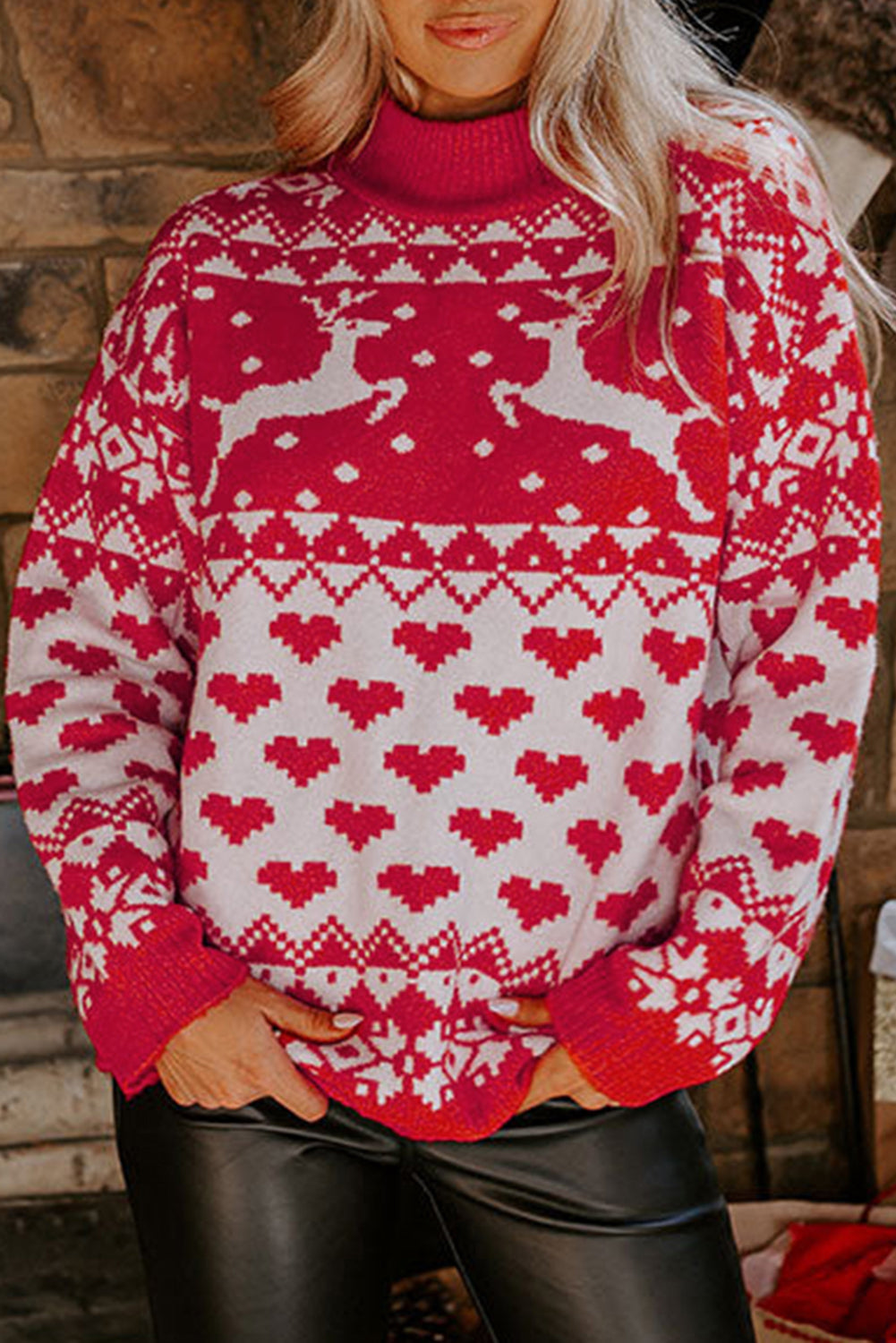 Blue Zone Planet | Fiery Red Merry Christmas Reindeer Heart Pattern High Neck Sweater-Sweaters & Cardigans/Sweaters-[Adult]-[Female]-Fiery Red-S-2022 Online Blue Zone Planet