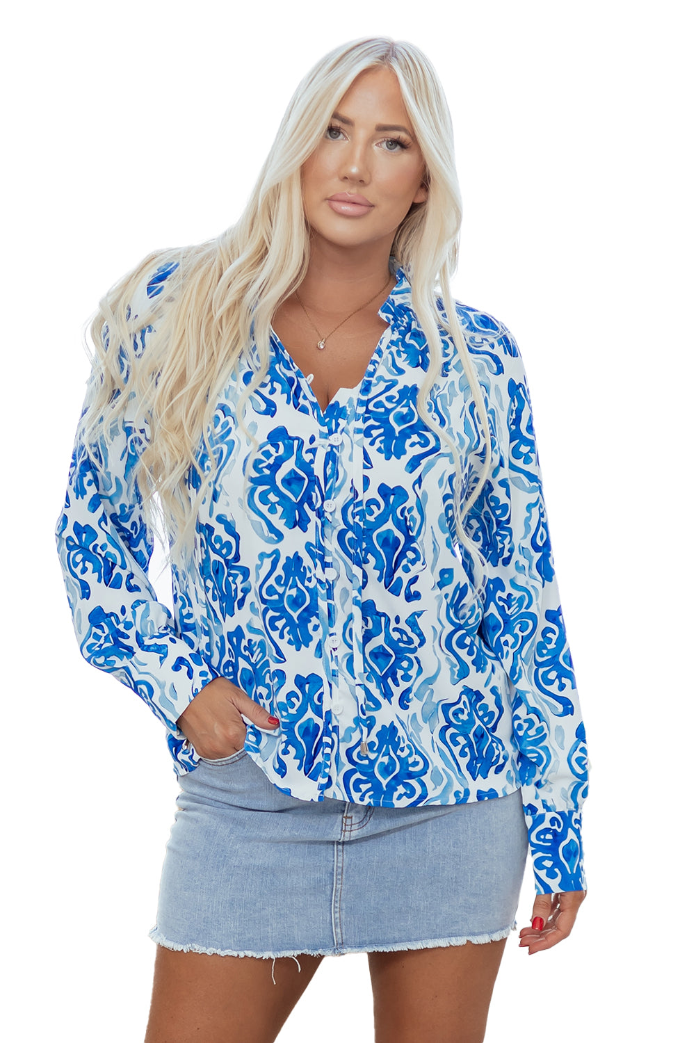 Sky Blue Ethnic Printed Tie Split Neck Button Front Puff Sleeve Shirt-Tops/Blouses & Shirts-[Adult]-[Female]-2022 Online Blue Zone Planet