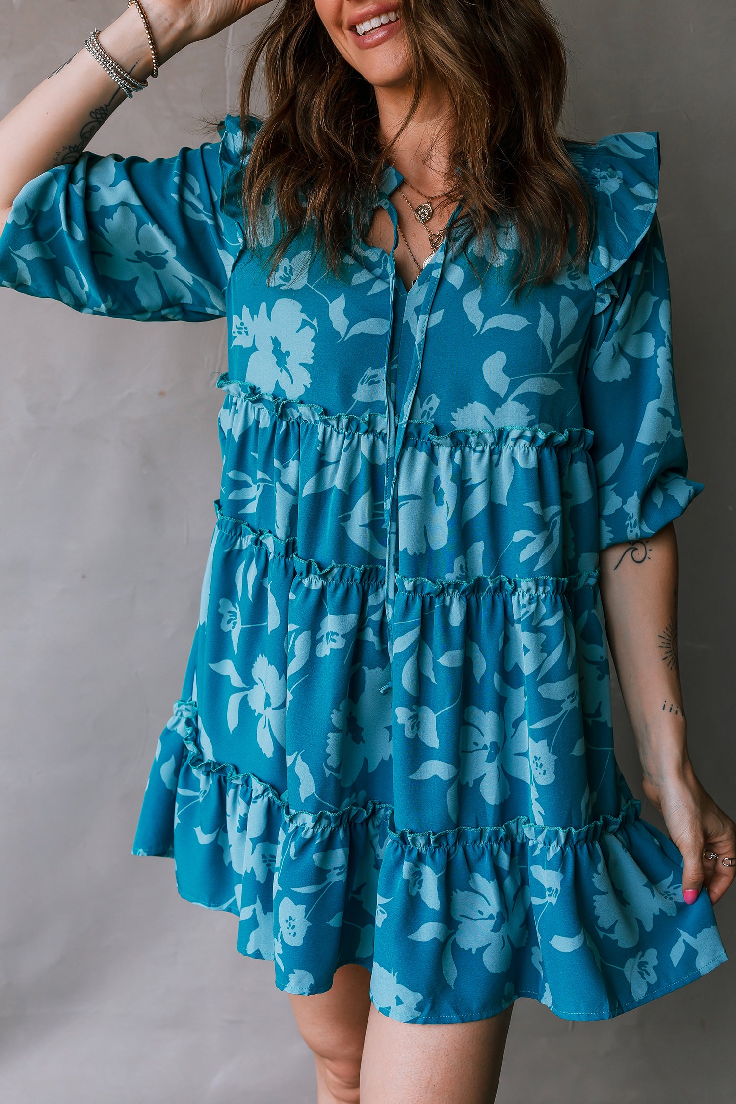 Blue Flower Half Sleeve Tiered Ruffled Mini Dress-TOPS / DRESSES-[Adult]-[Female]-2022 Online Blue Zone Planet