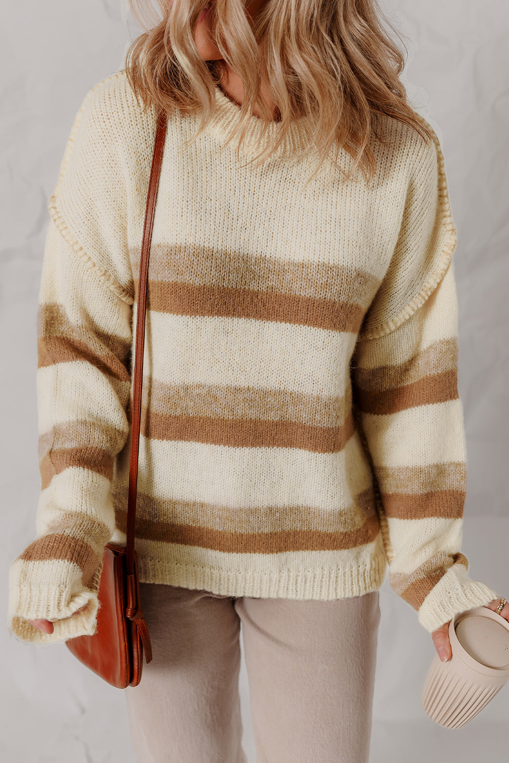 Khaki Stripe Exposed Seam Drop Shoulder Knit Baggy Sweater-TOPS / DRESSES-[Adult]-[Female]-2022 Online Blue Zone Planet