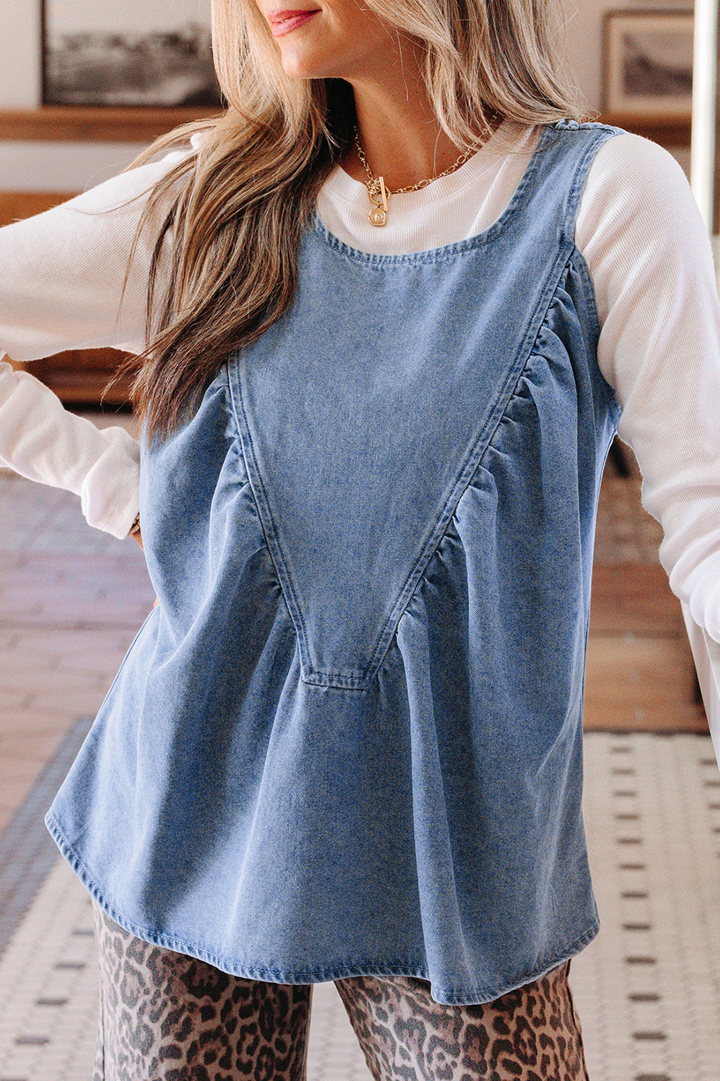 Myosotis Denim Pleated Patchwork Sleeveless Top-Tops/Tank Tops-[Adult]-[Female]-2022 Online Blue Zone Planet