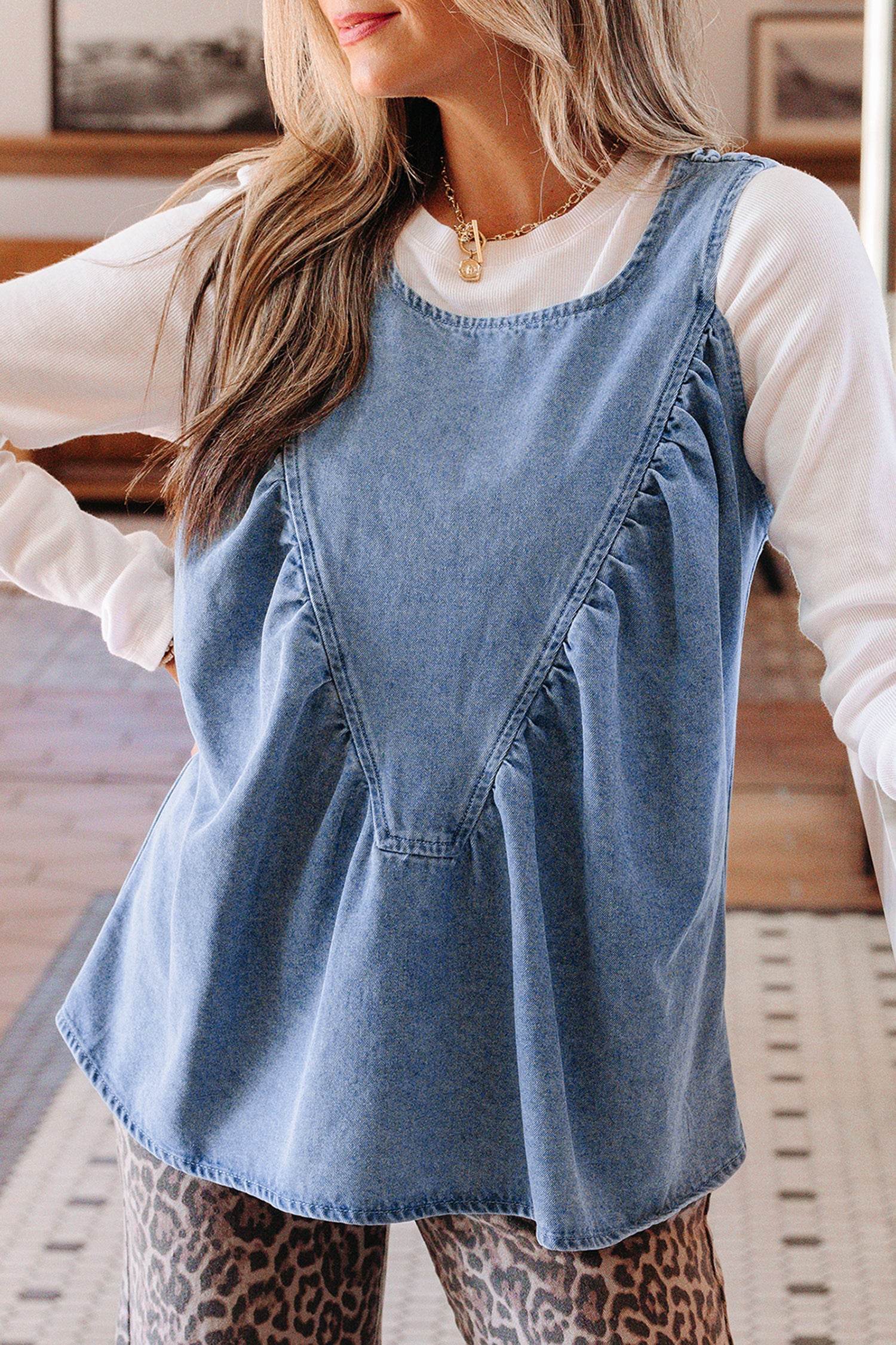 Myosotis Denim Pleated Patchwork Sleeveless Top-Tops/Tank Tops-[Adult]-[Female]-2022 Online Blue Zone Planet