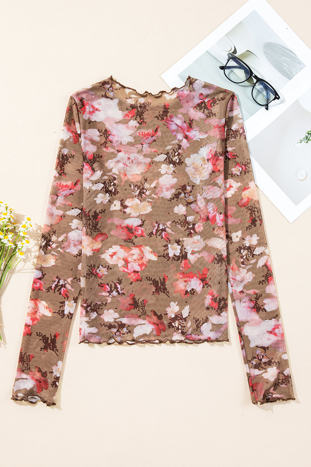 Red Floral Print Sheer Mesh Long Sleeve Top-Long Sleeve Tops-[Adult]-[Female]-2022 Online Blue Zone Planet