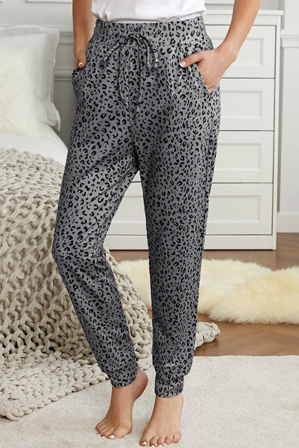 Gray Leopard Elastic Waist Casual Joggers-Bottoms/Pants & Culotte-[Adult]-[Female]-2022 Online Blue Zone Planet