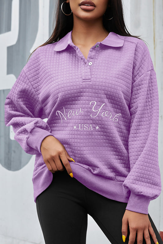 NEW YORK USA Quarter Button Dropped Shoulder Sweatshirt-TOPS / DRESSES-[Adult]-[Female]-Lavender-XS-2022 Online Blue Zone Planet