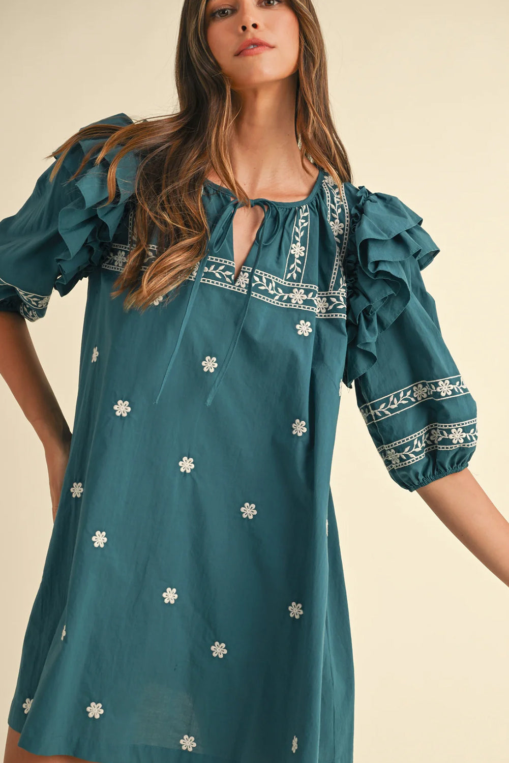 Skobeloff Boho Floral Puff Sleeve Tie Neck Mini Dress-Short Dresses-[Adult]-[Female]-2022 Online Blue Zone Planet