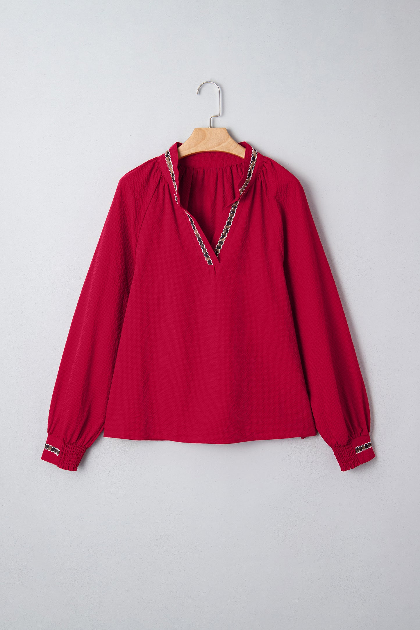 Racing Red Leopard Jacquard Print V Neck Textured Blouse-Tops/Blouses & Shirts-[Adult]-[Female]-2022 Online Blue Zone Planet