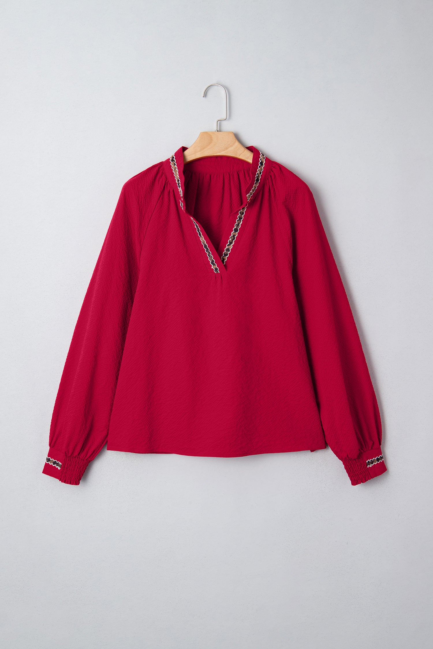 Racing Red Leopard Jacquard Print V Neck Textured Blouse-Tops/Blouses & Shirts-[Adult]-[Female]-2022 Online Blue Zone Planet