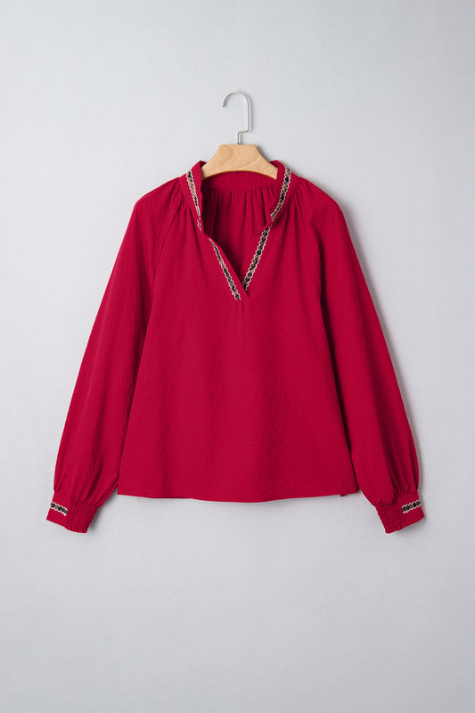 Racing Red Leopard Jacquard Print V Neck Textured Blouse-Tops/Blouses & Shirts-[Adult]-[Female]-2022 Online Blue Zone Planet