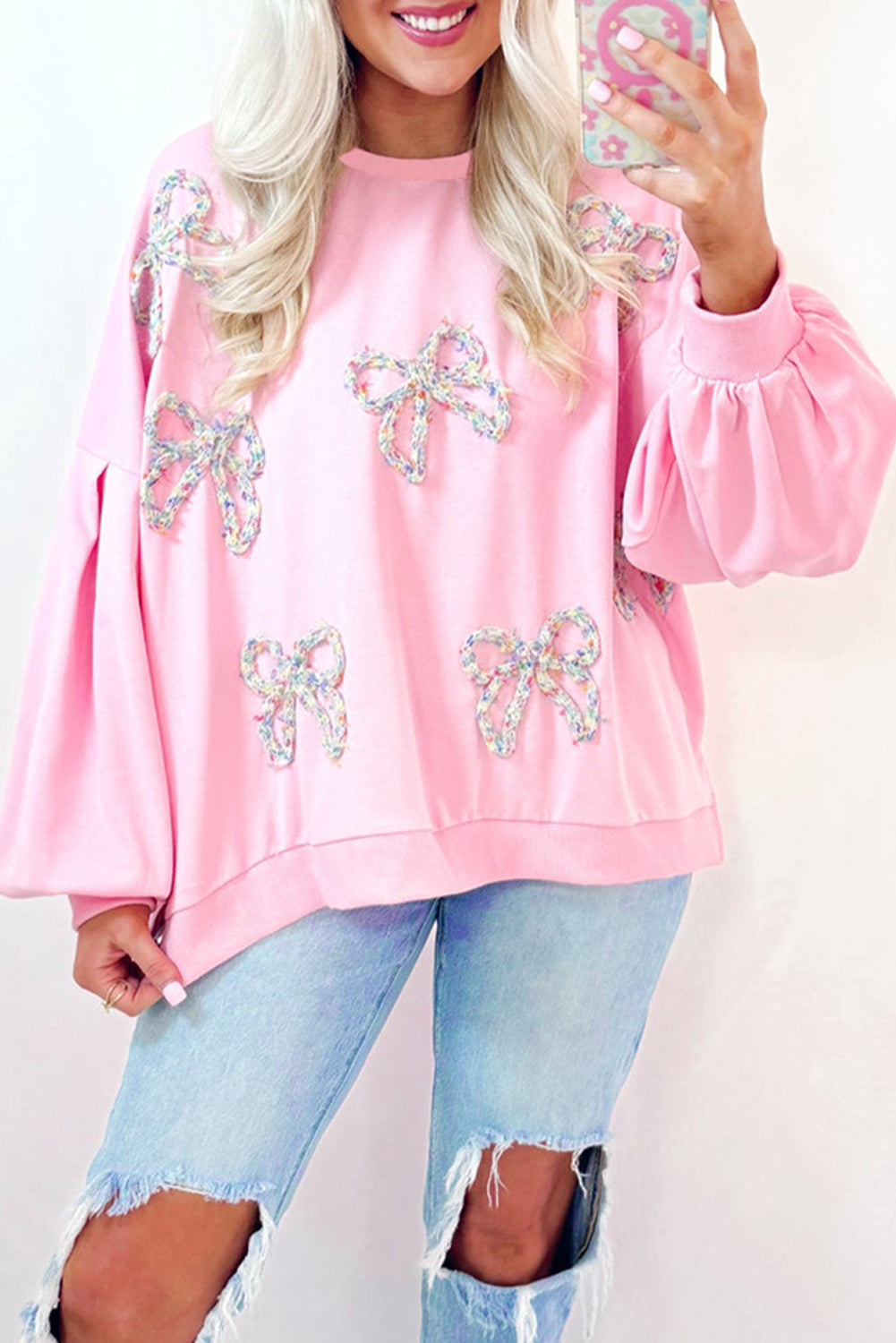 Blue Zone Planet | Light Pink Embroidered Bow Lantern Sleeve Oversized Pullover Sweatshirt-Tops/Sweatshirts & Hoodies-[Adult]-[Female]-2022 Online Blue Zone Planet