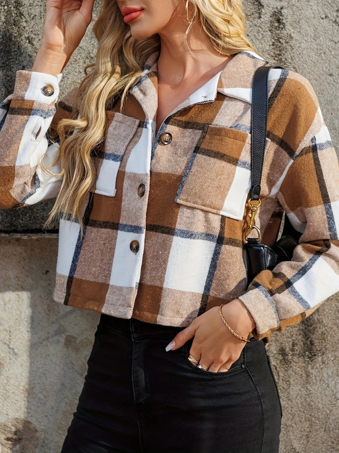 Plaid Collared Neck Cropped Jacket-TOPS / DRESSES-[Adult]-[Female]-2022 Online Blue Zone Planet