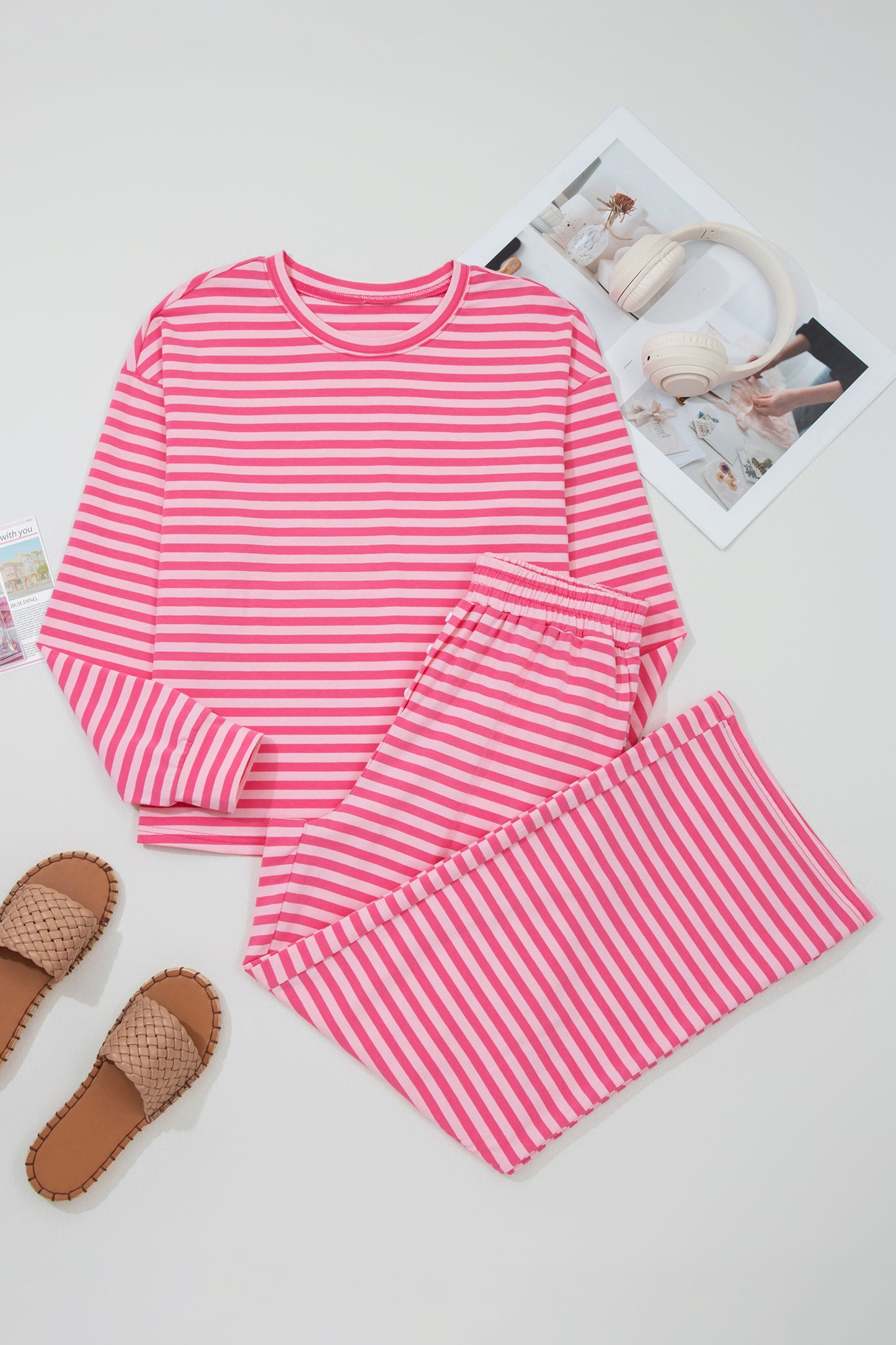 Rose Stripe Drop Shoulder Round Neck Top and Buttoned Straight Pants Two Piece Set-Two Piece Sets/Pant Sets-[Adult]-[Female]-2022 Online Blue Zone Planet