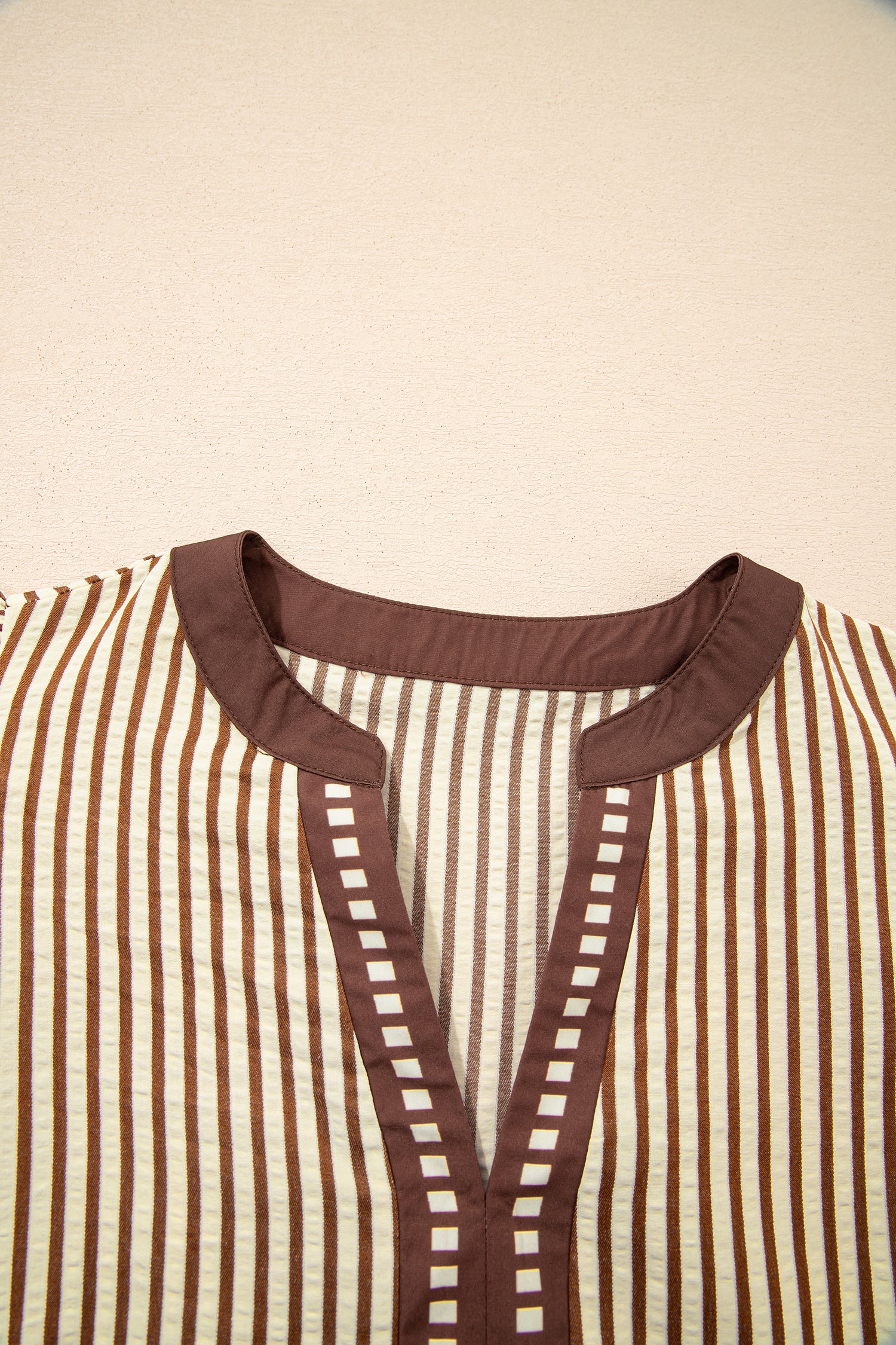 Brown Stripe Double Ruffled Short Sleeve Contrast Trim V Neck Midi Dress-TOPS / DRESSES-[Adult]-[Female]-2022 Online Blue Zone Planet