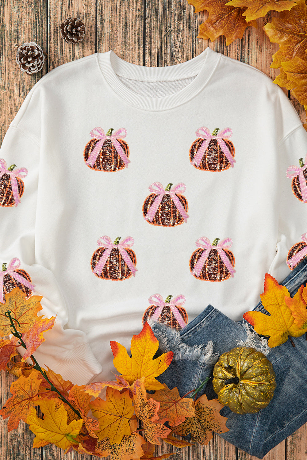 White Sequin Bow Pumpkin Patched Cotton Baggy Sweatshirt-Graphic/Graphic Sweatshirts-[Adult]-[Female]-2022 Online Blue Zone Planet