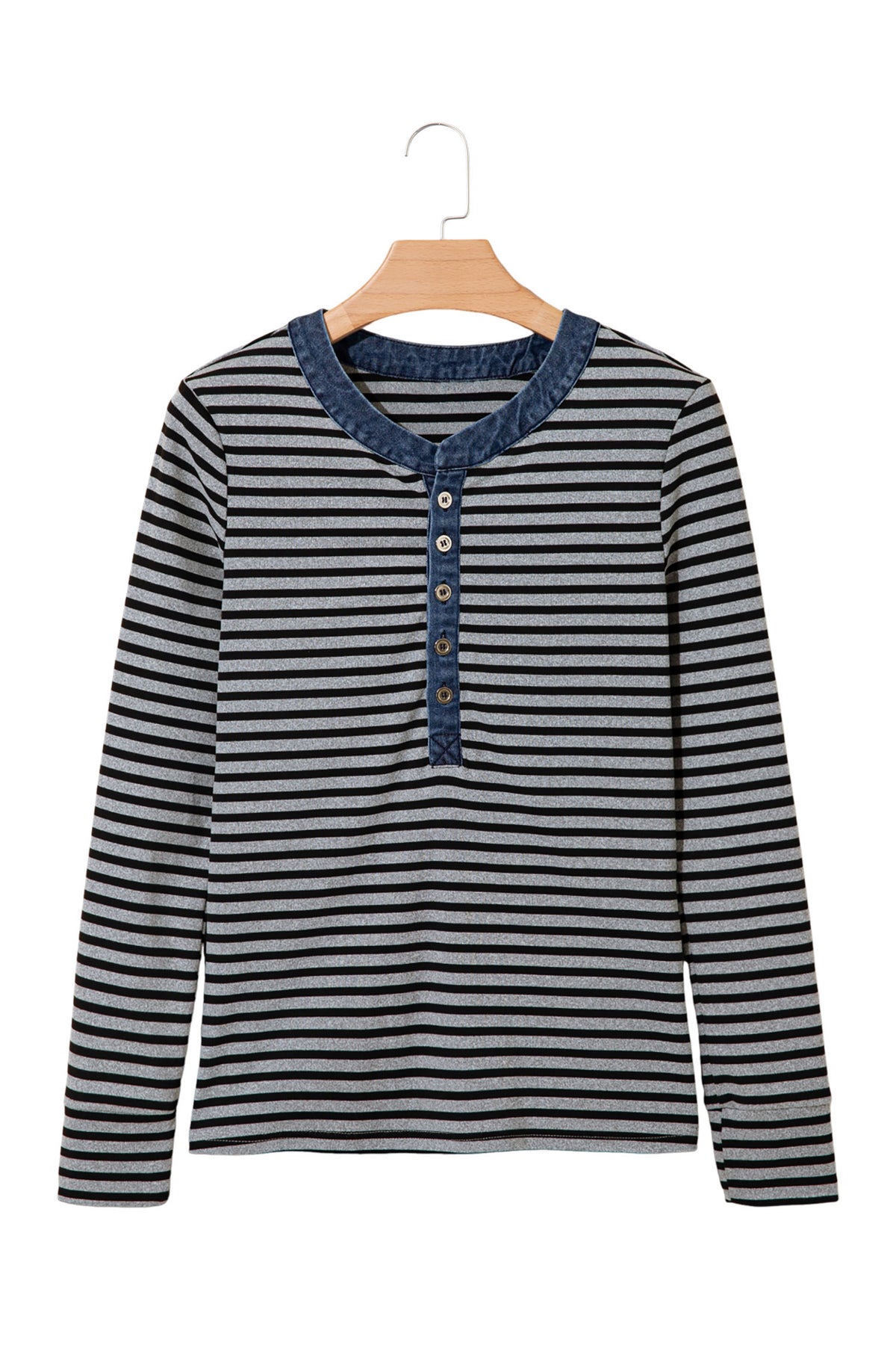 Gray Stripe Denim Contrast Collar Half Button Long Sleeve Top-Tops/Long Sleeve Tops-[Adult]-[Female]-2022 Online Blue Zone Planet