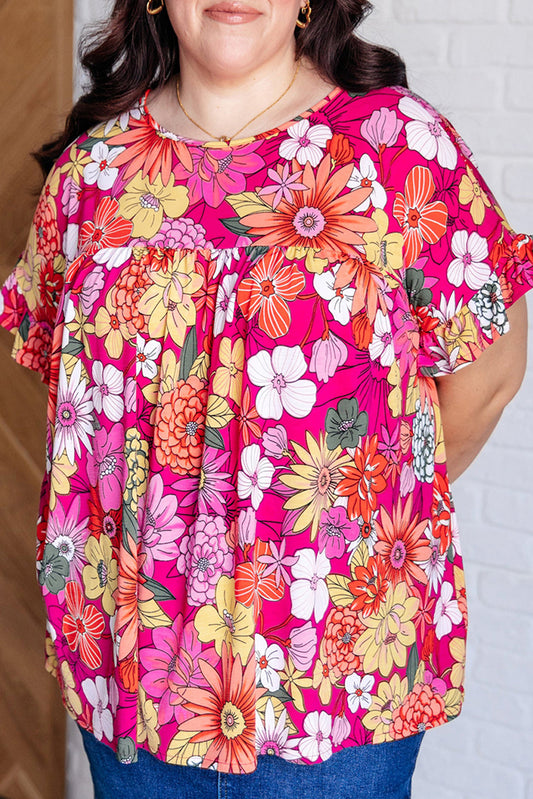 Rose Plus Size Floral Print Ruffle Short Sleeve Blouse-Plus Size/Plus Size Tops/Plus Size Blouses & Shirts-[Adult]-[Female]-Rose-1X-2022 Online Blue Zone Planet