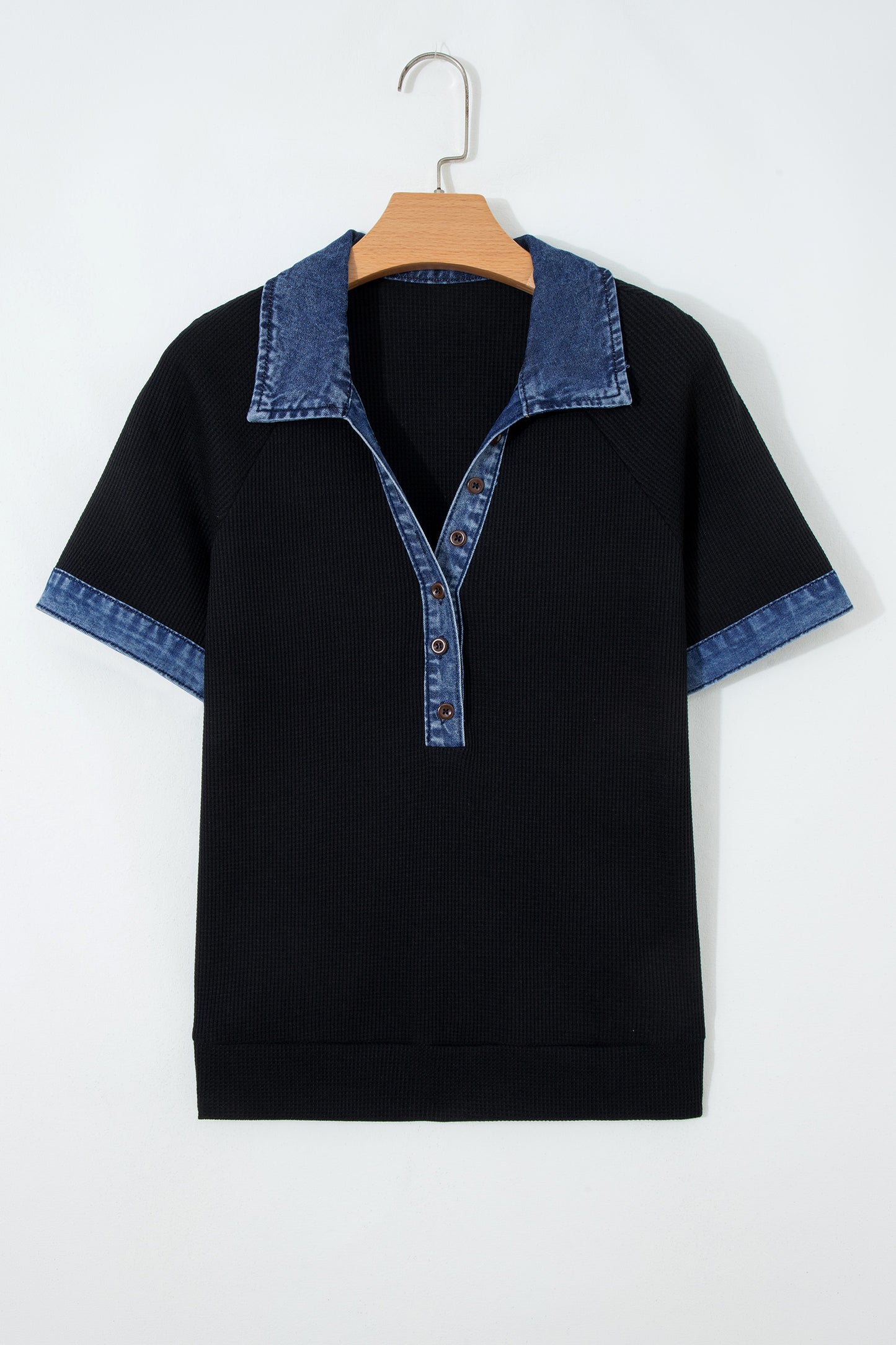 Black Waffle Knit Denim Contrast Trim Patchwork Button Polo Collar Top-Tops/Tops & Tees-[Adult]-[Female]-2022 Online Blue Zone Planet