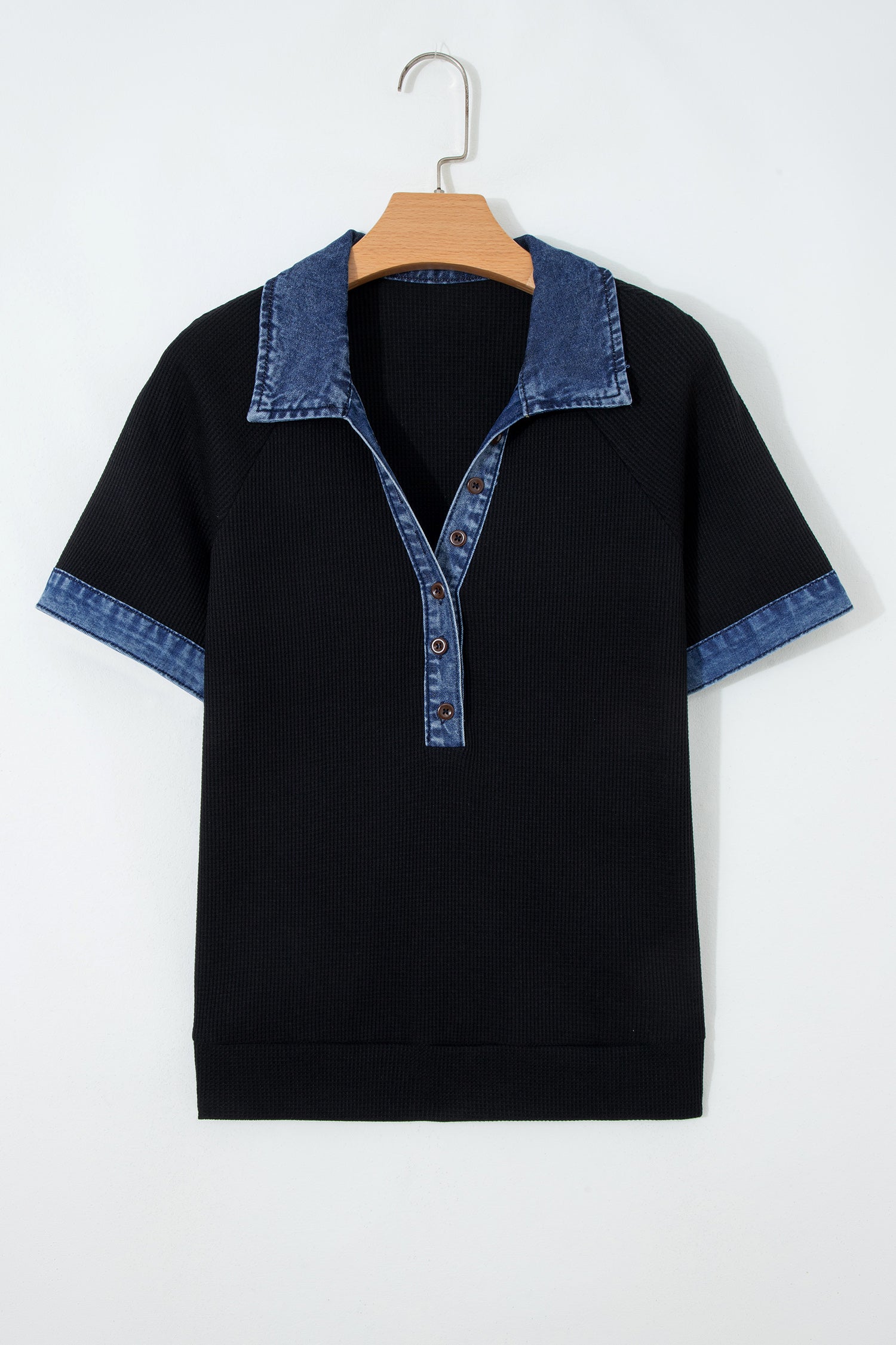 Black Waffle Knit Denim Contrast Trim Patchwork Button Polo Collar Top-Tops/Tops & Tees-[Adult]-[Female]-2022 Online Blue Zone Planet