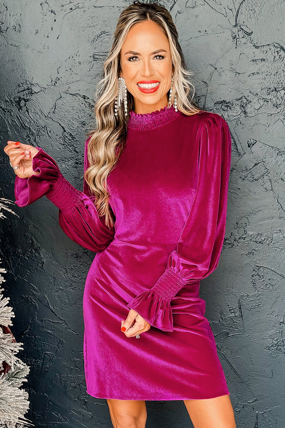 Rose Red Smocked Mock Neck Ruffled Puff Sleeve Velvet Mini Dress-Dresses/Mini Dresses-[Adult]-[Female]-2022 Online Blue Zone Planet