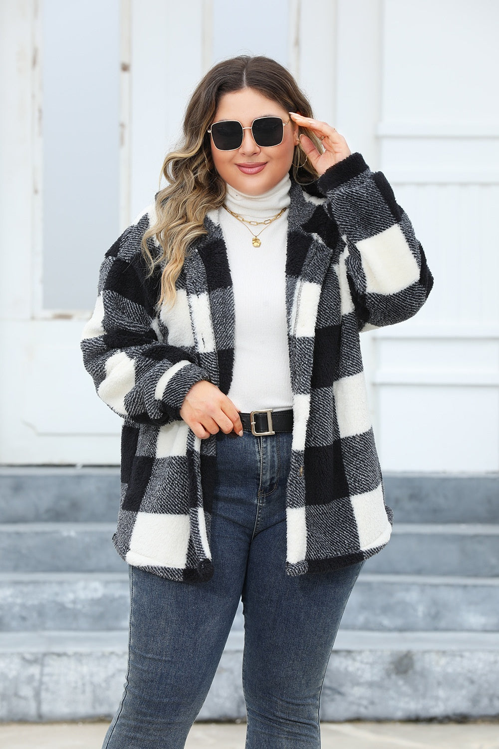 Plus Size Plaid Button Up Hooded Jacket-TOPS / DRESSES-[Adult]-[Female]-2022 Online Blue Zone Planet