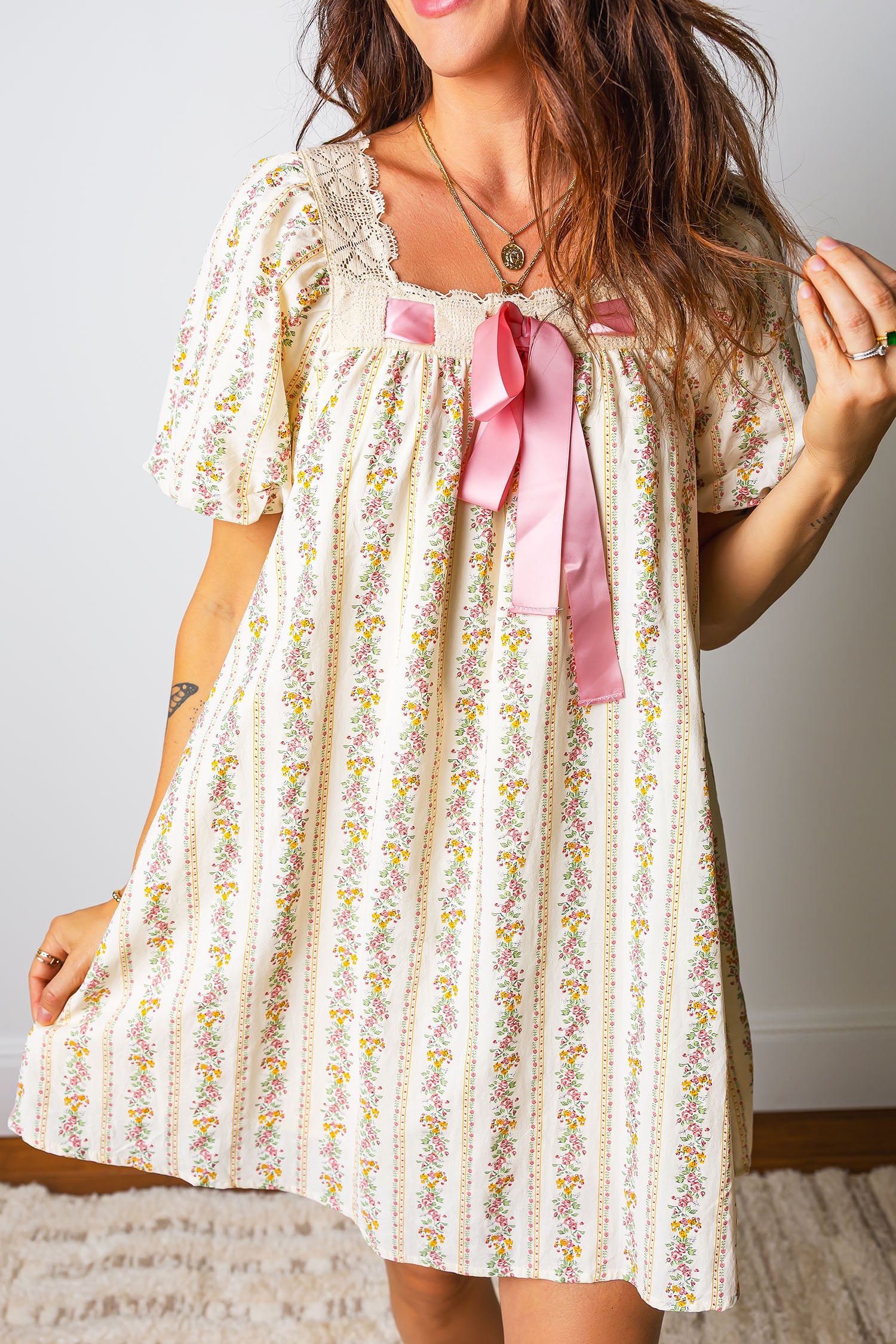 Multicolour Floral Print Contrast Ribbon Bow Lace Trim Square Neck Mini Dress-Dresses/Floral Dresses-[Adult]-[Female]-Multicolour-S-2022 Online Blue Zone Planet