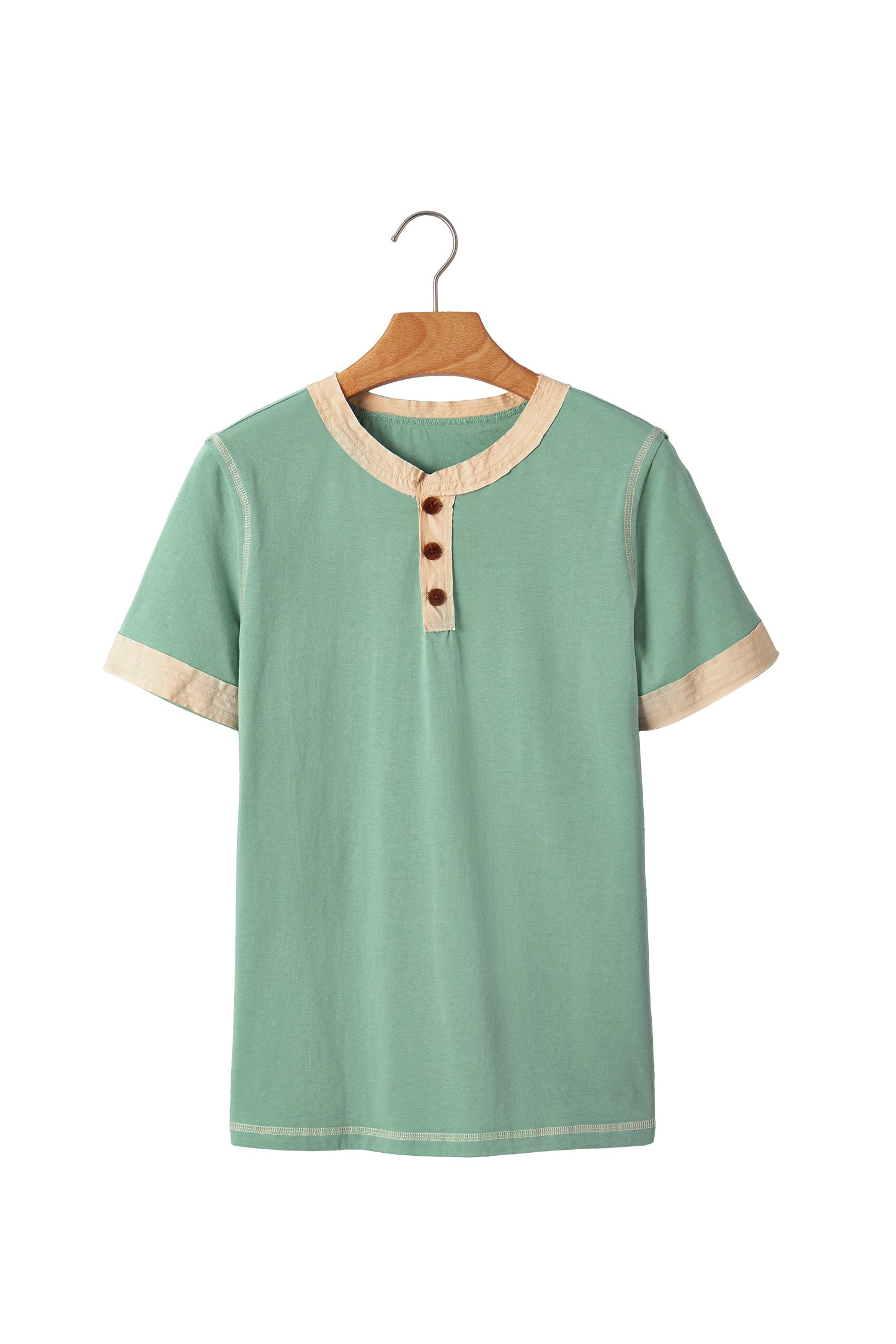 Light Grey Raw Seam Color Block Detail Buttoned Henley Tee-Tops/Tops & Tees-[Adult]-[Female]-2022 Online Blue Zone Planet