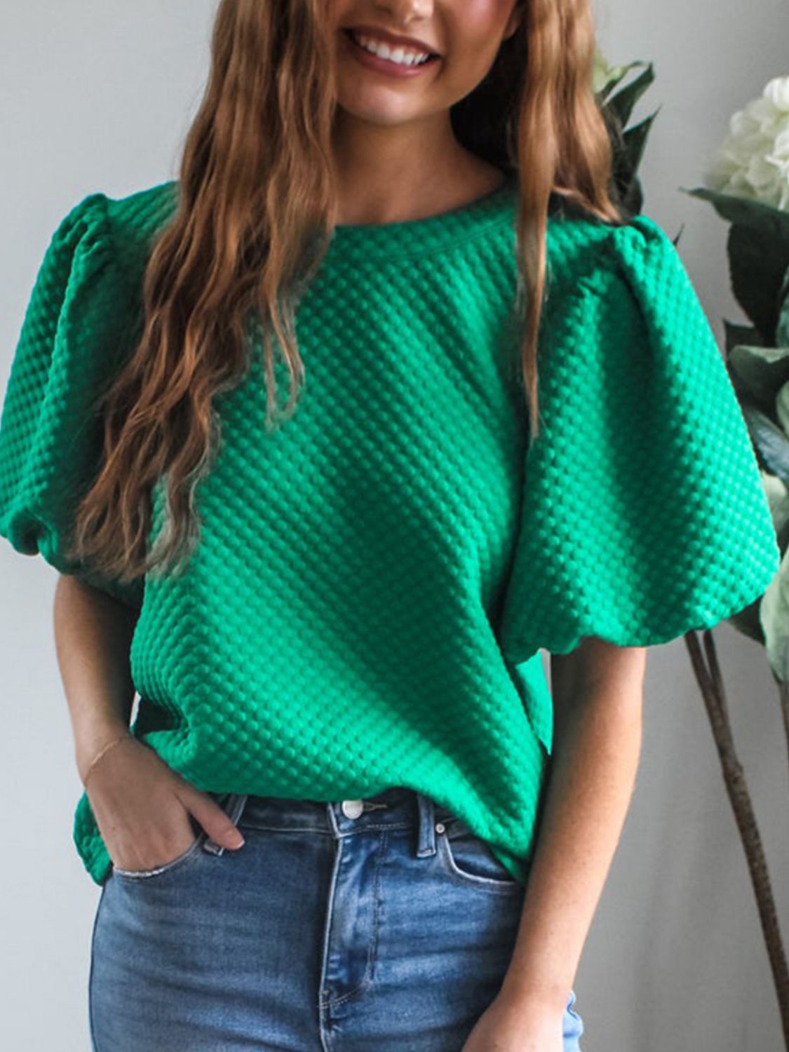 Texture Round Neck Puff Sleeve Blouse-TOPS / DRESSES-[Adult]-[Female]-2022 Online Blue Zone Planet