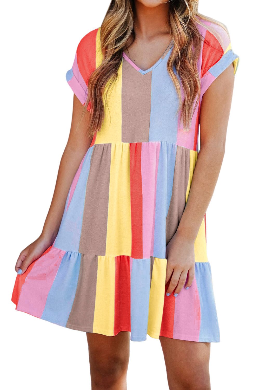 Multicolor Striped Color Block Tiered Mini Dress Blue Zone Planet