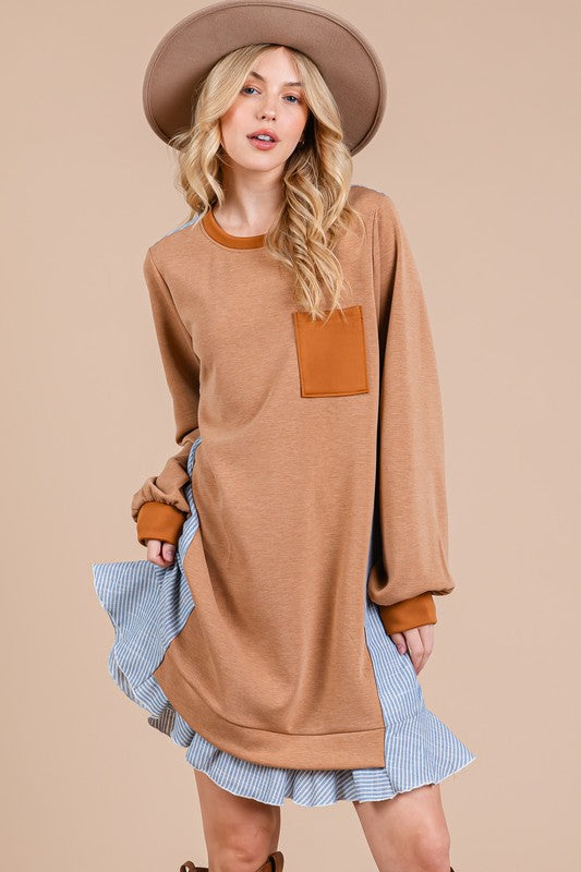 Ces Femme Striped Patchwork Round Neck Terry Sweatshirt Dress-TOPS / DRESSES-[Adult]-[Female]-2022 Online Blue Zone Planet